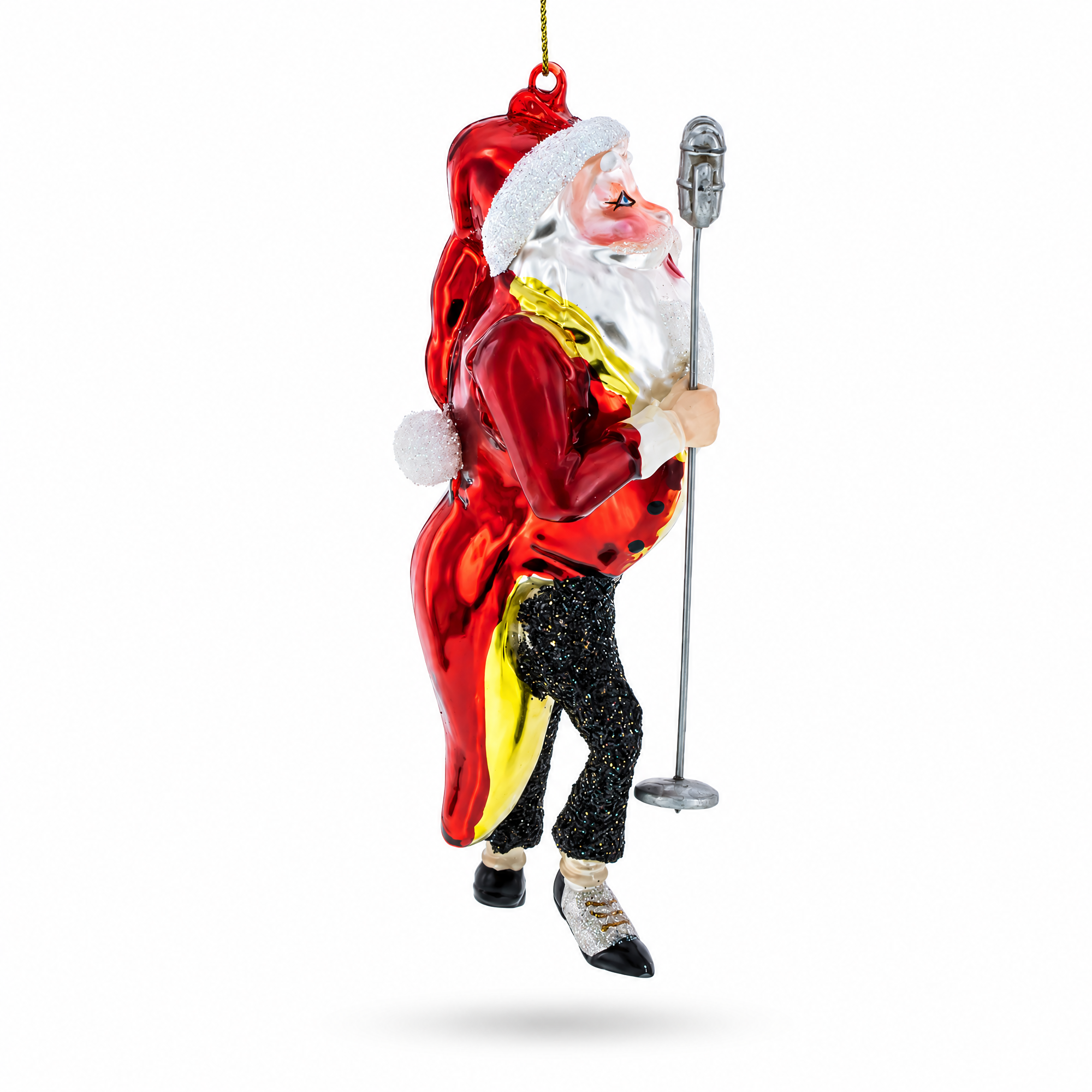 Jolly Singing Santa with Microphone Glass Christmas Ornament