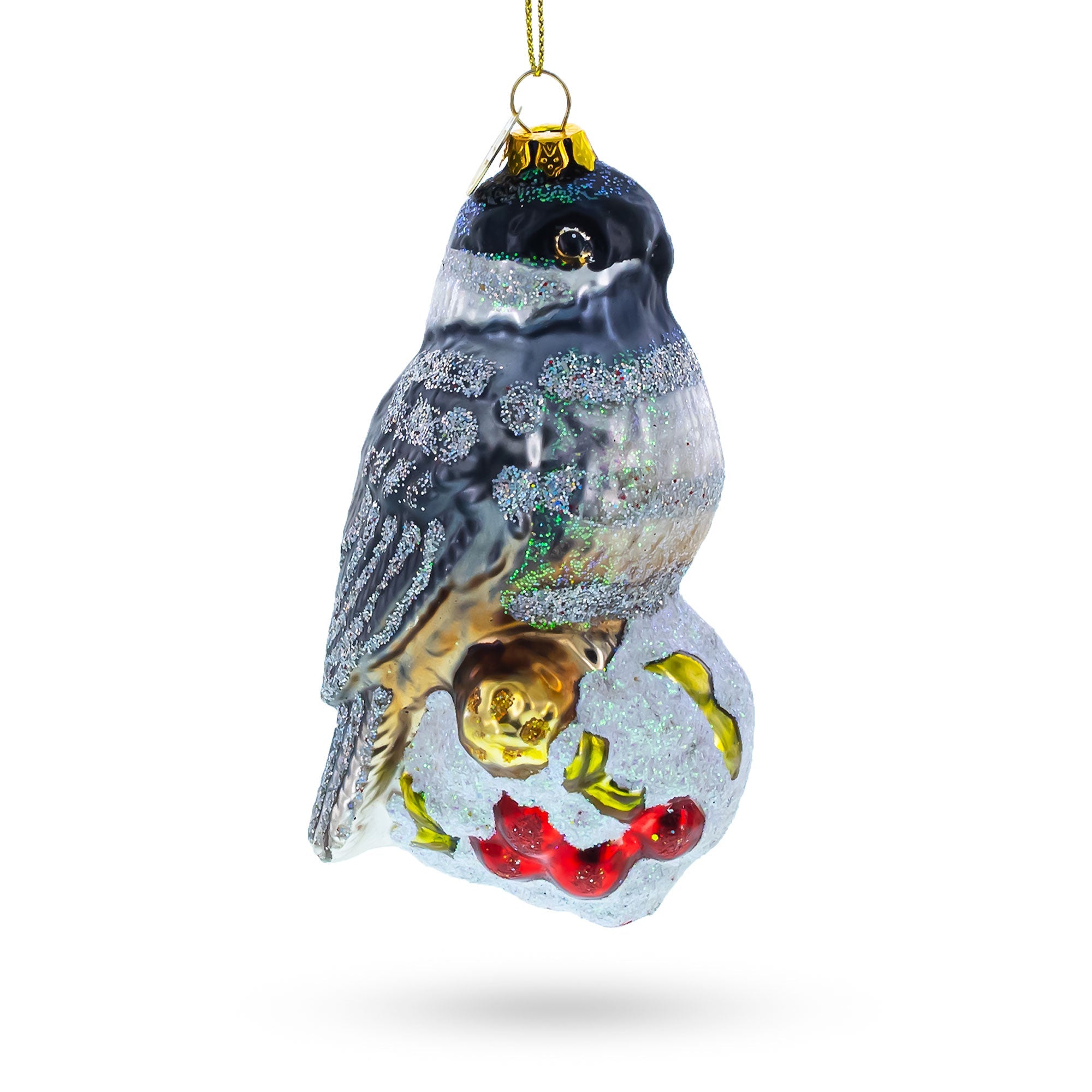 Chickadee Bird on Snowy Branch Glass Christmas Ornament