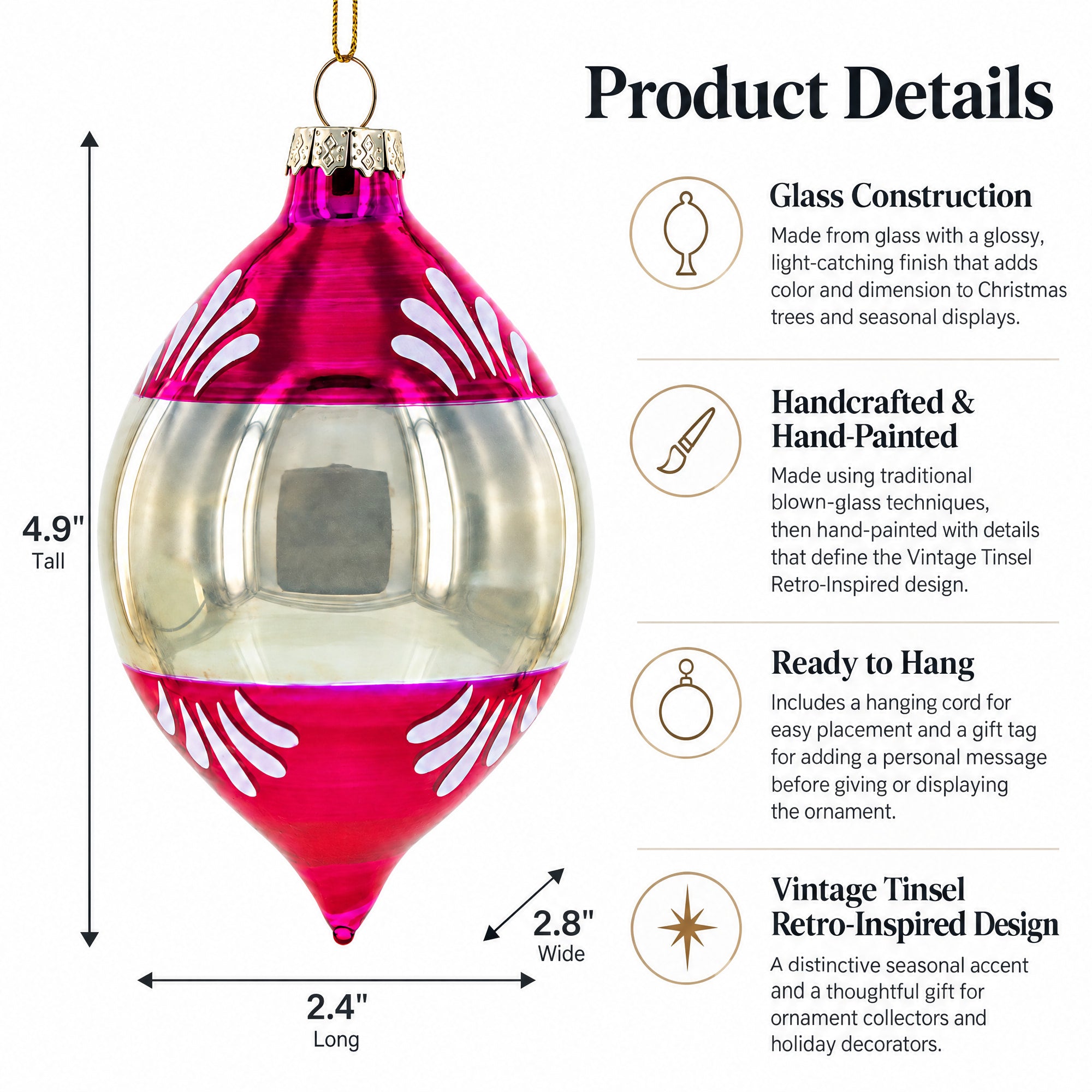 Vintage Tinsel Retro-Inspired Glass Christmas Ornament