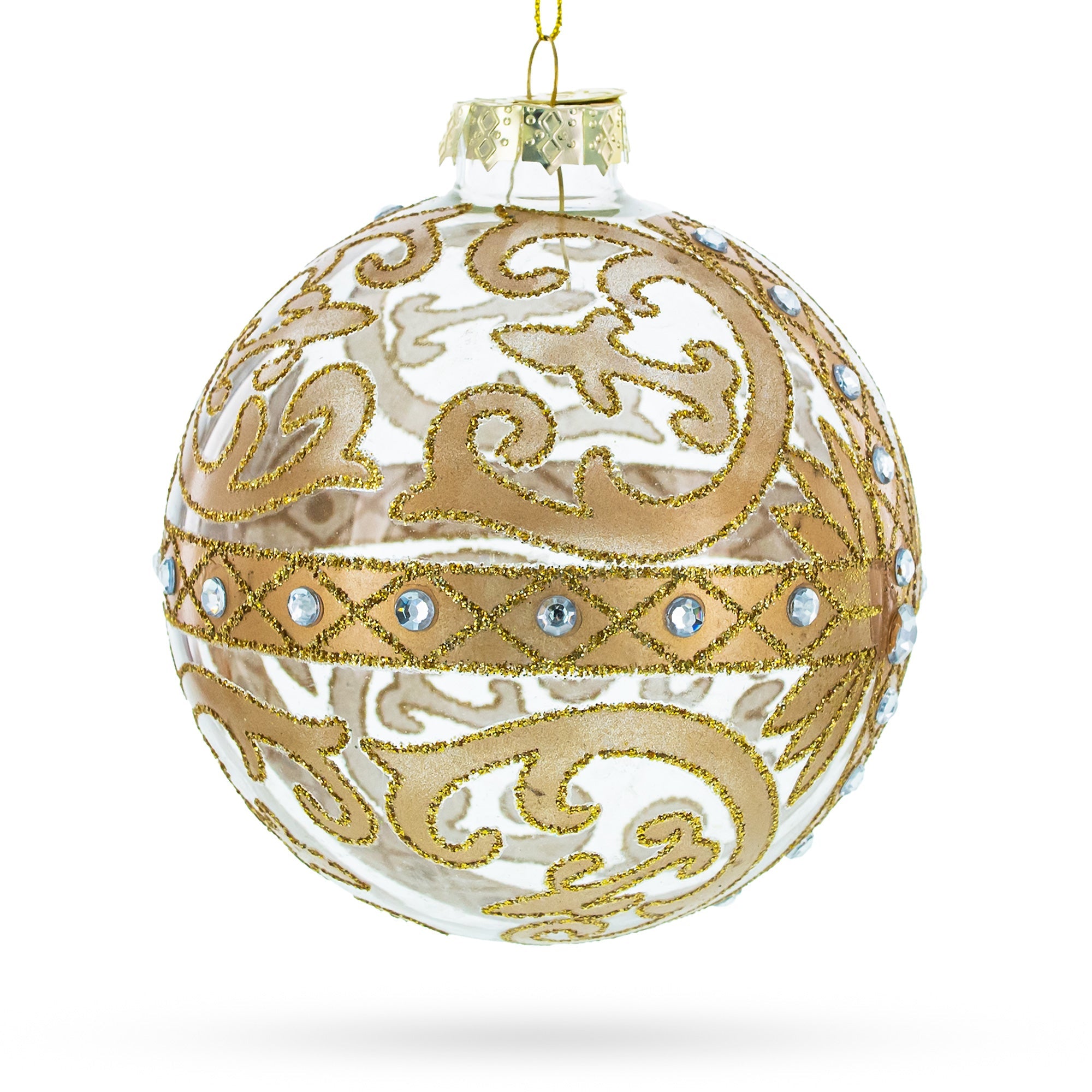 Gold Scroll with Jewel Accents Glass Ball Christmas Ornament
