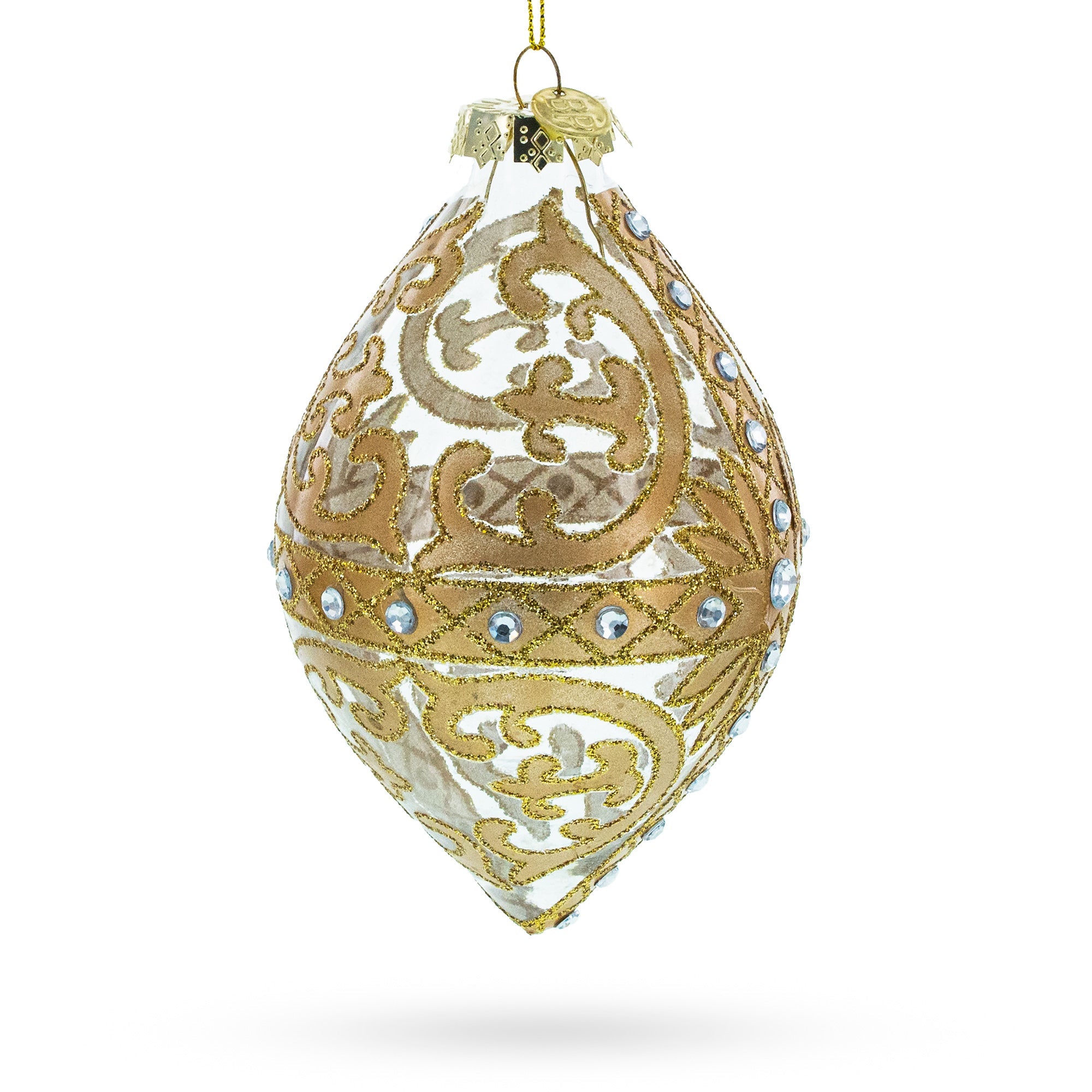 Gold Scroll with Jewel Accents Rhombus Finial Glass Christmas Ornament