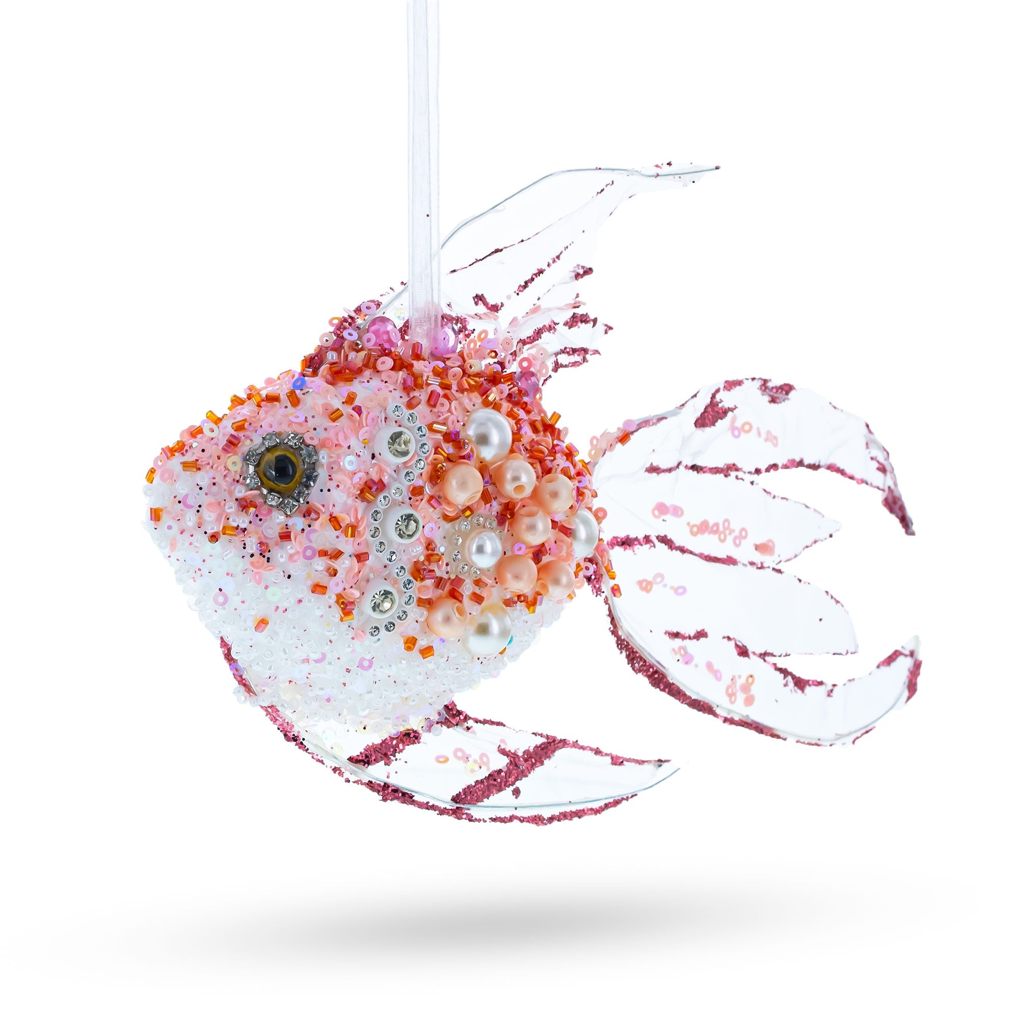 Beaded Blue Coral Reef Fish Glass Christmas Ornament
