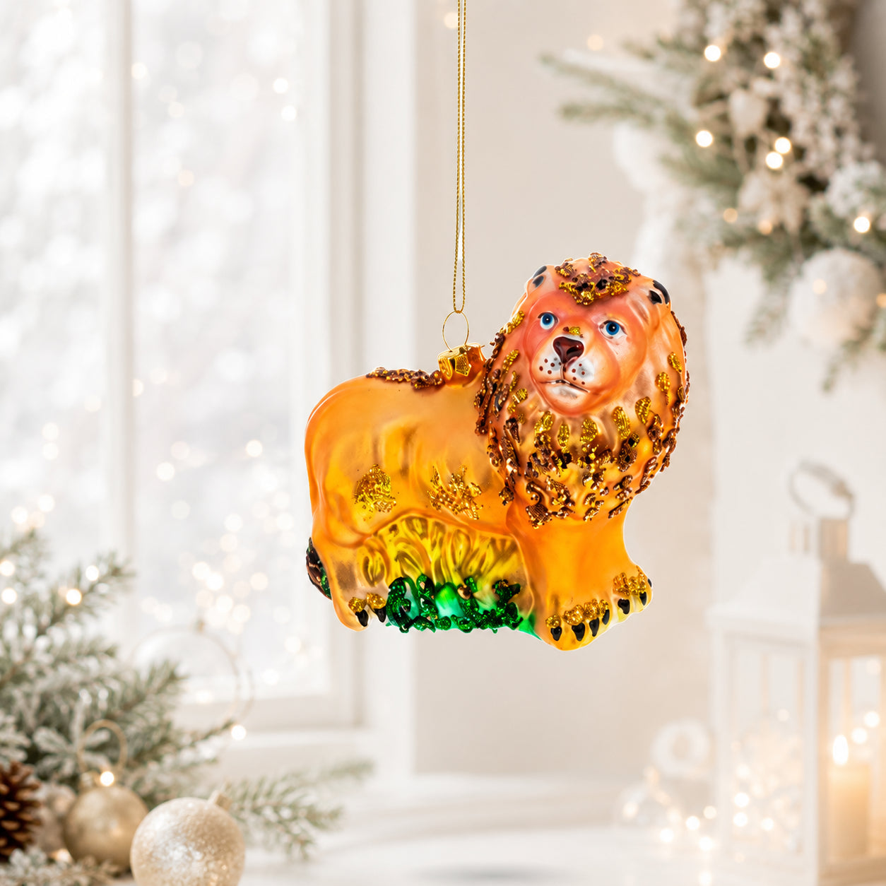 Glittered Lion Glass Christmas Ornament