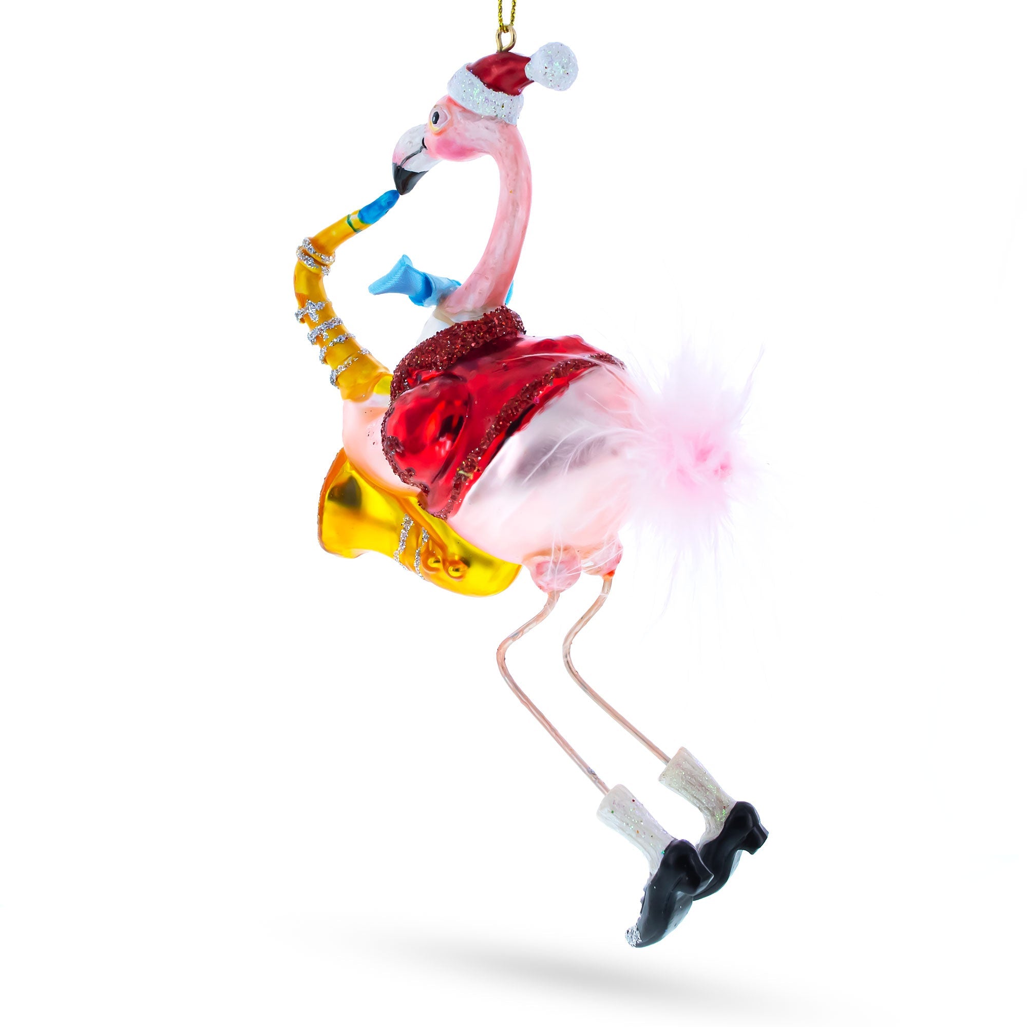Flamingo Playing Saxophone Glass Christmas Ornament