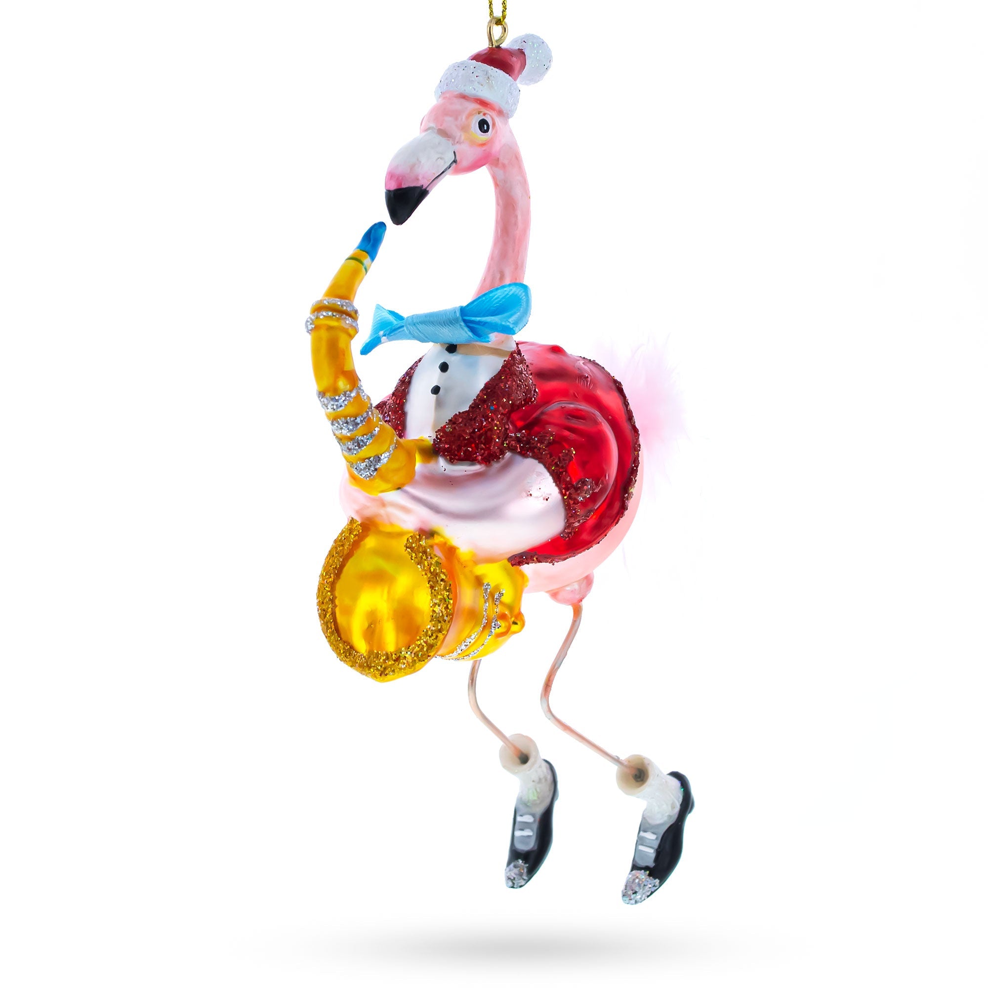 Flamingo Playing Saxophone Glass Christmas Ornament