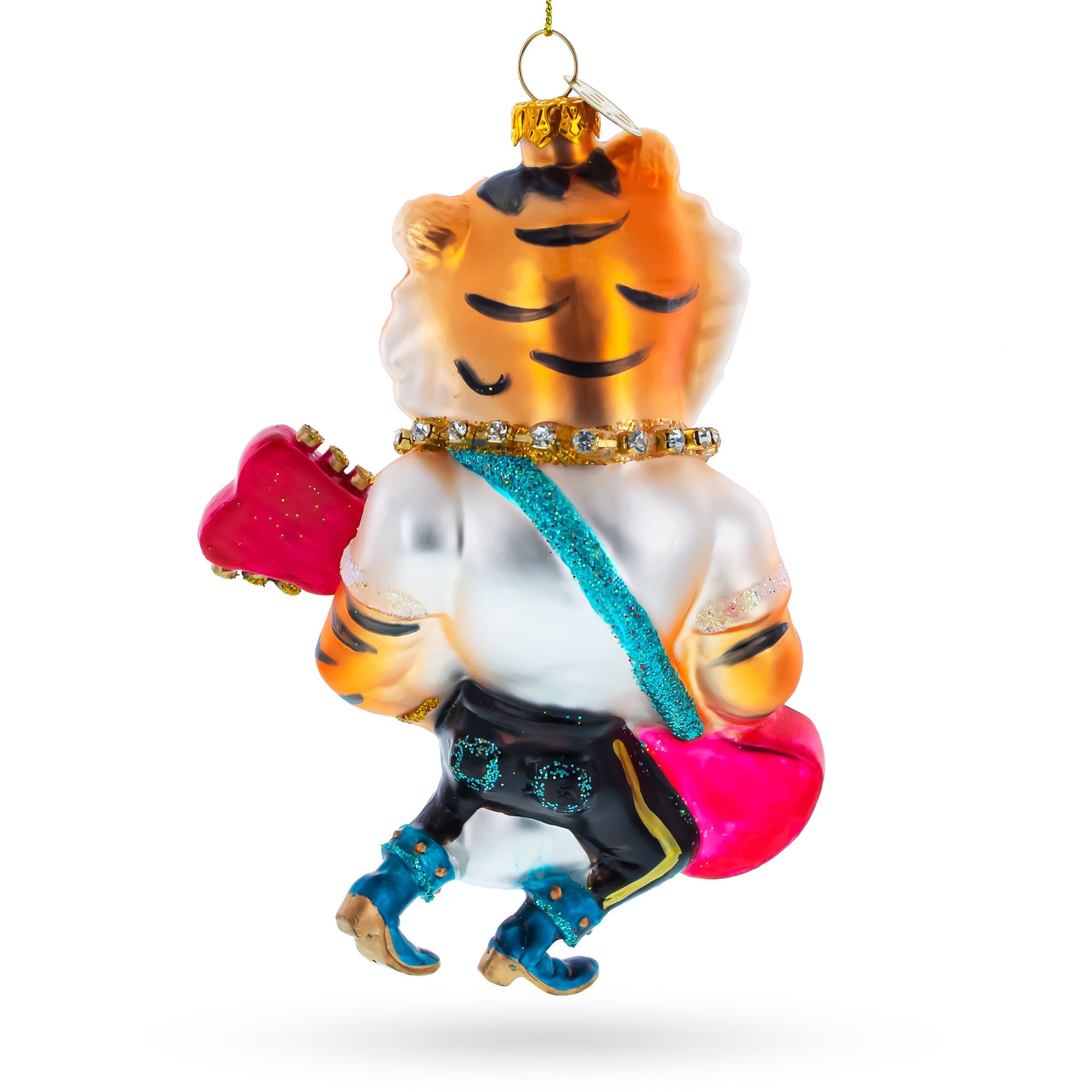 Rockstar Tiger with Guitar Glass Christmas Ornament
