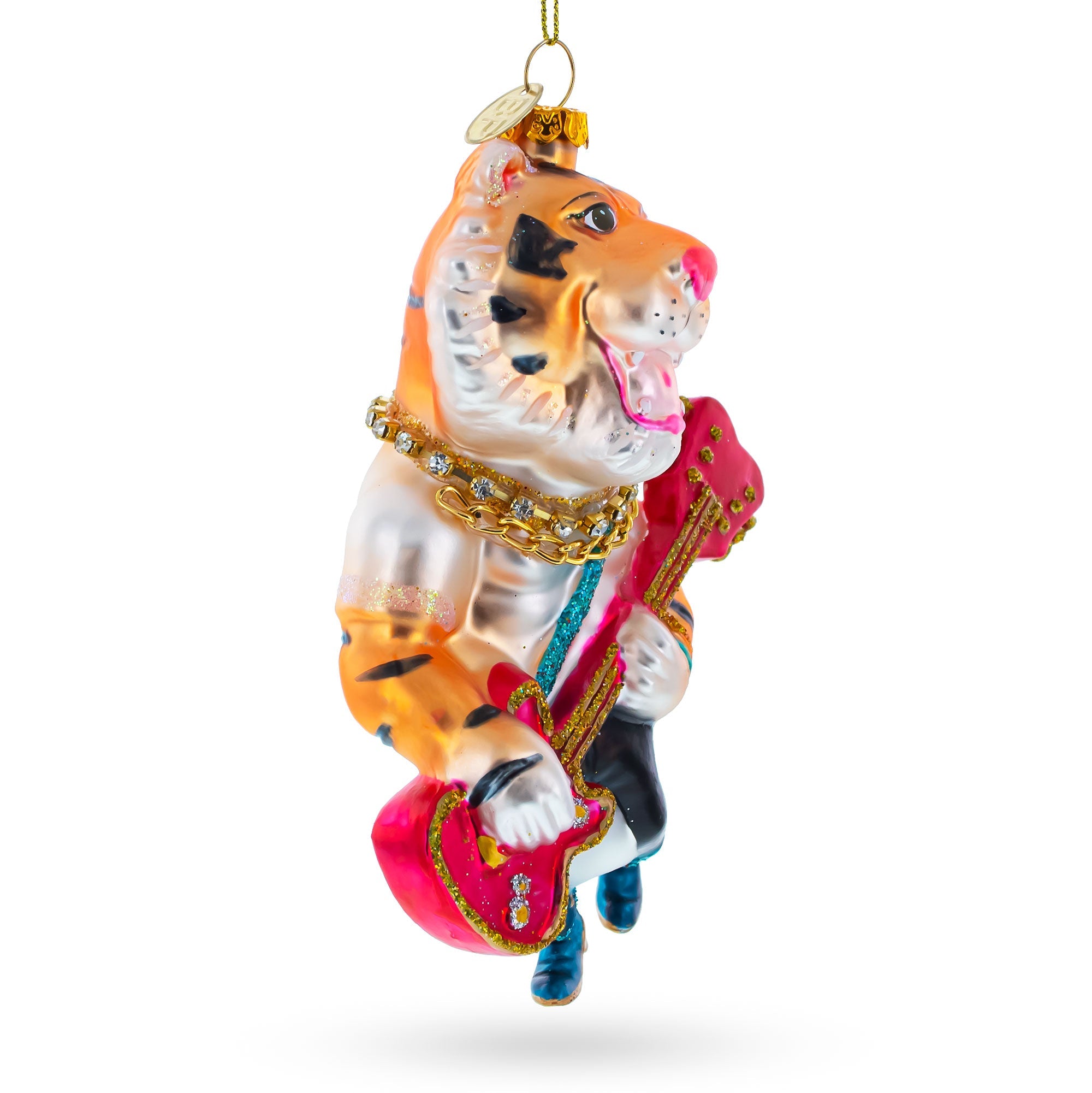 Rockstar Tiger with Guitar Glass Christmas Ornament