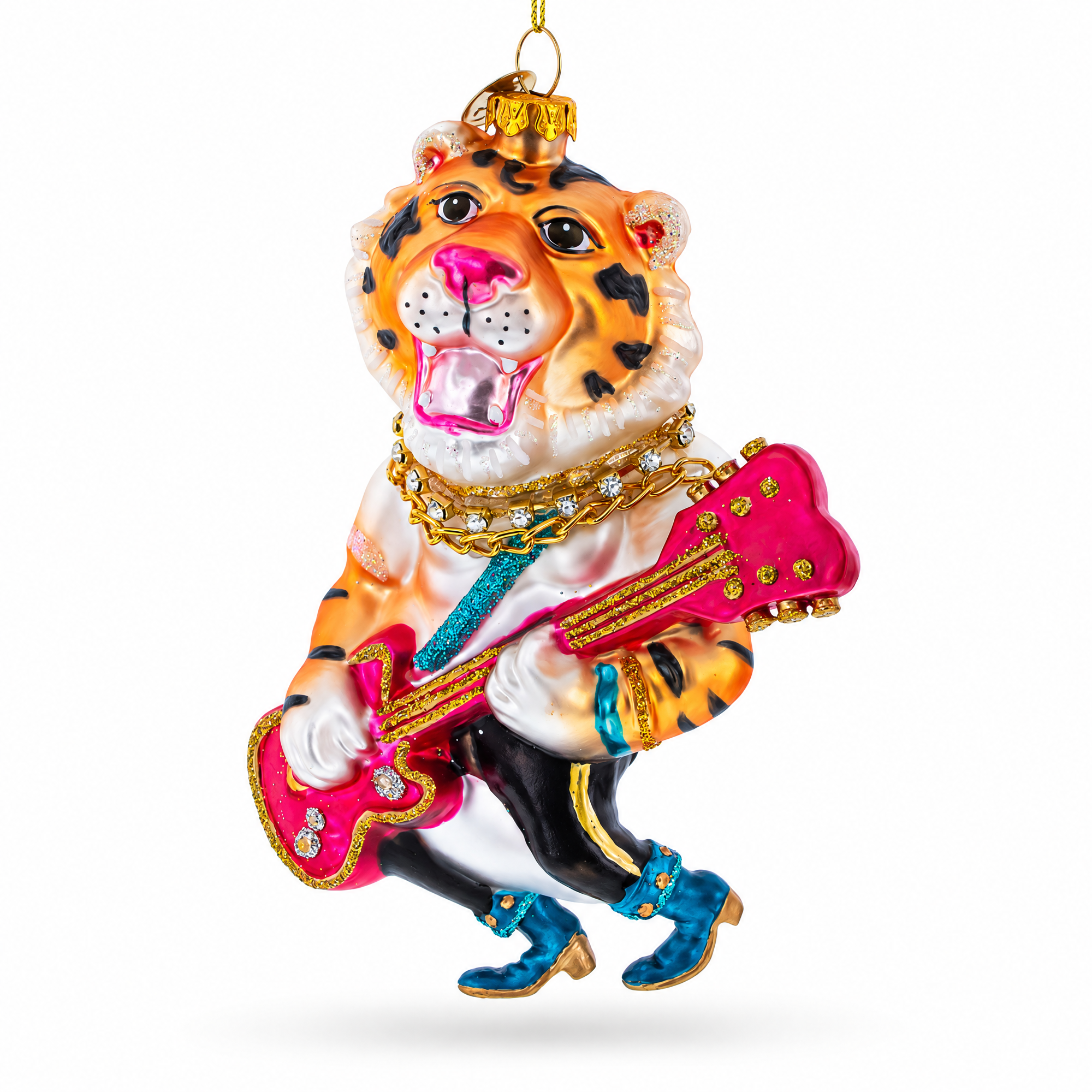 Rockstar Tiger with Guitar Glass Christmas Ornament
