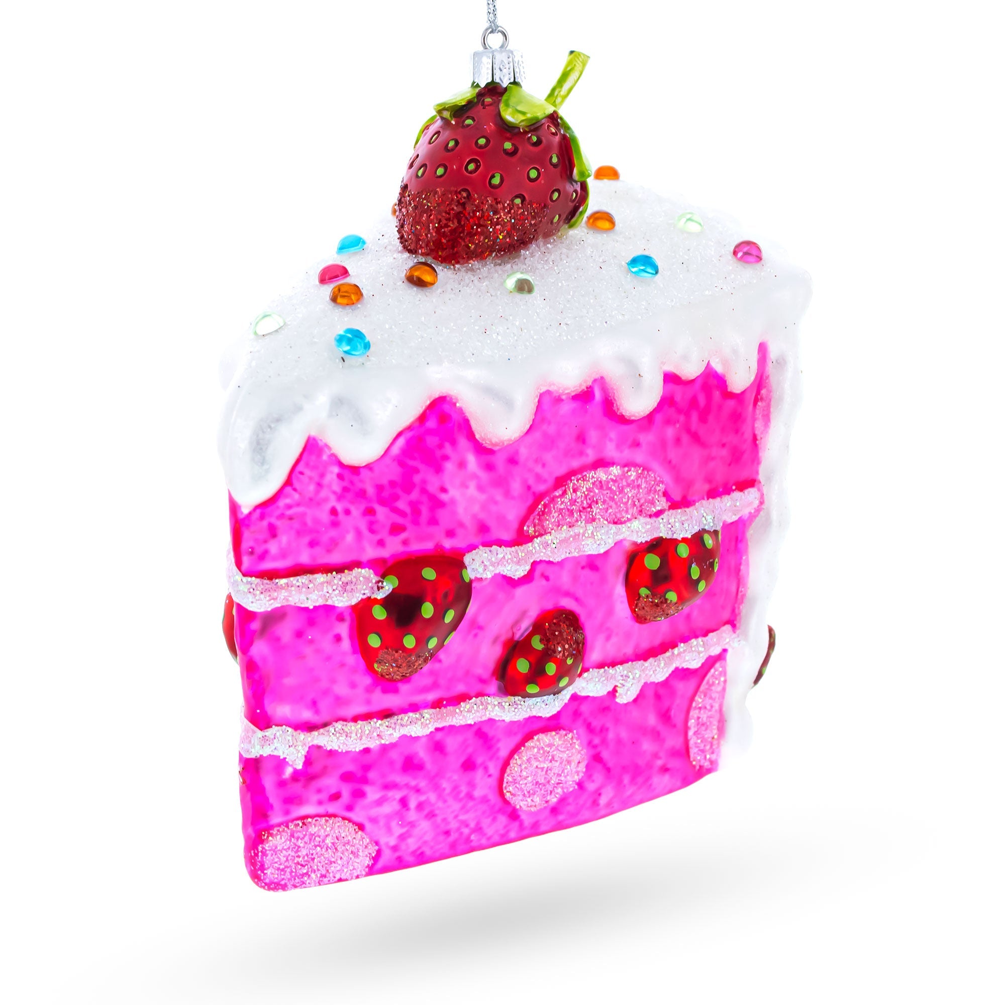 Piece of Strawberry Cake Glass Christmas Ornament