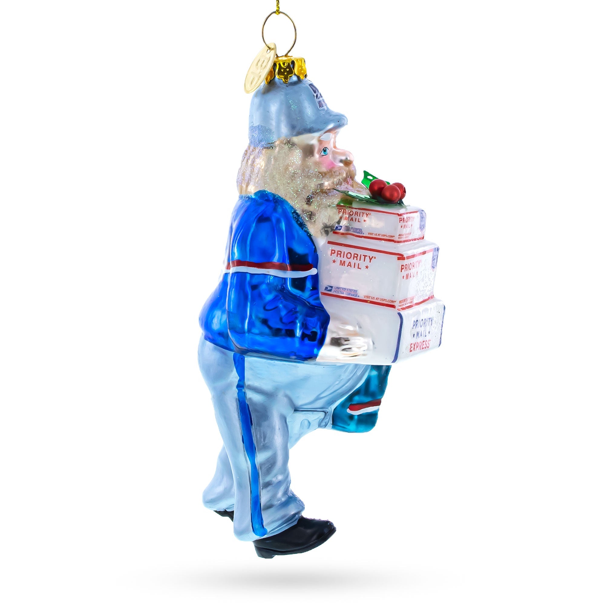 Mailman Delivering Priority Mail Glass Christmas Ornament