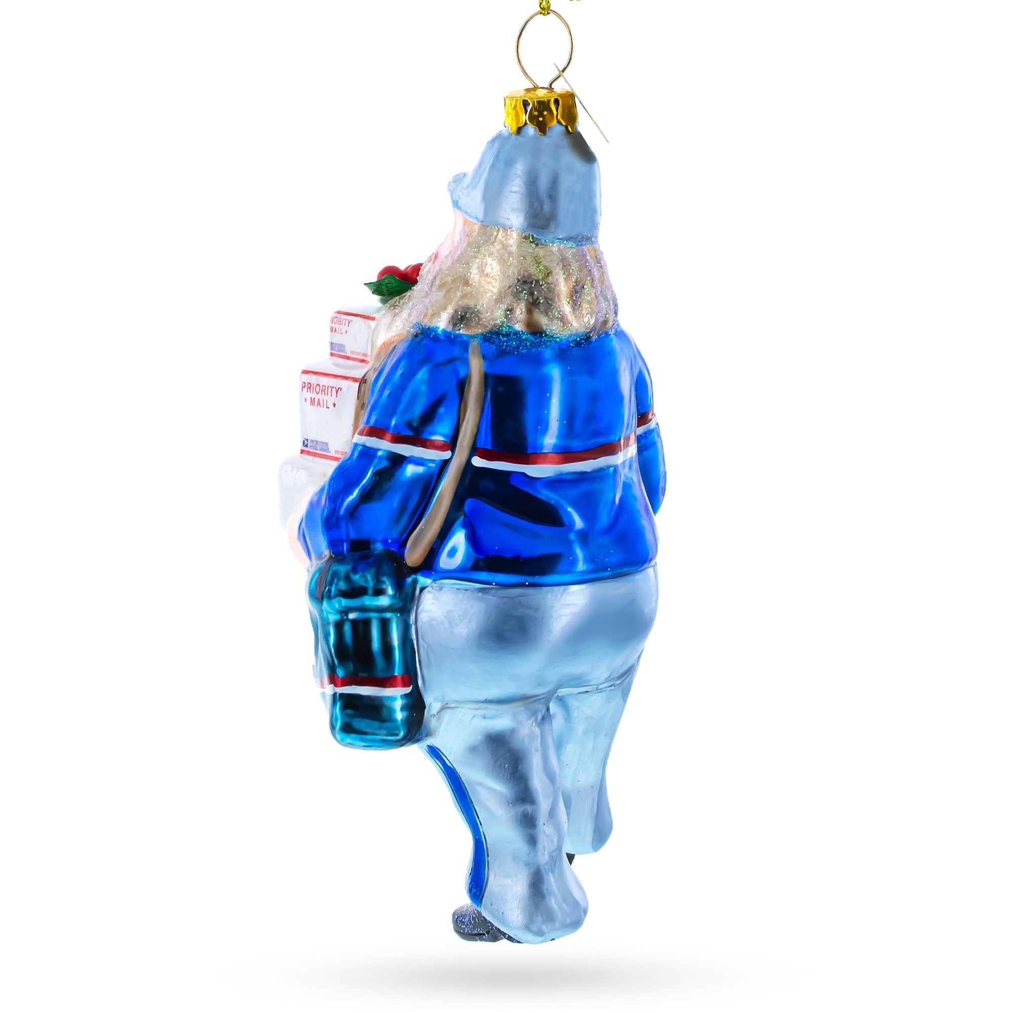 Mailman Delivering Priority Mail Glass Christmas Ornament