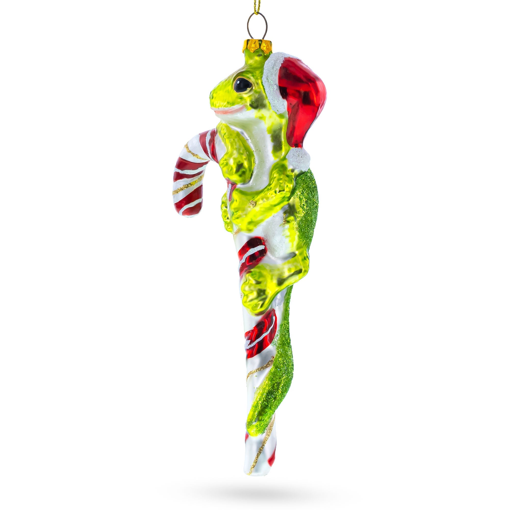 Gecko with Candy Cane Glass Christmas Ornament