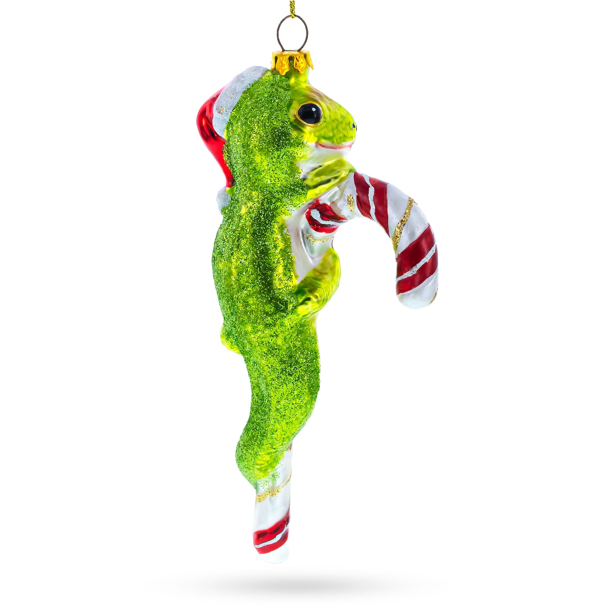 Gecko with Candy Cane Glass Christmas Ornament