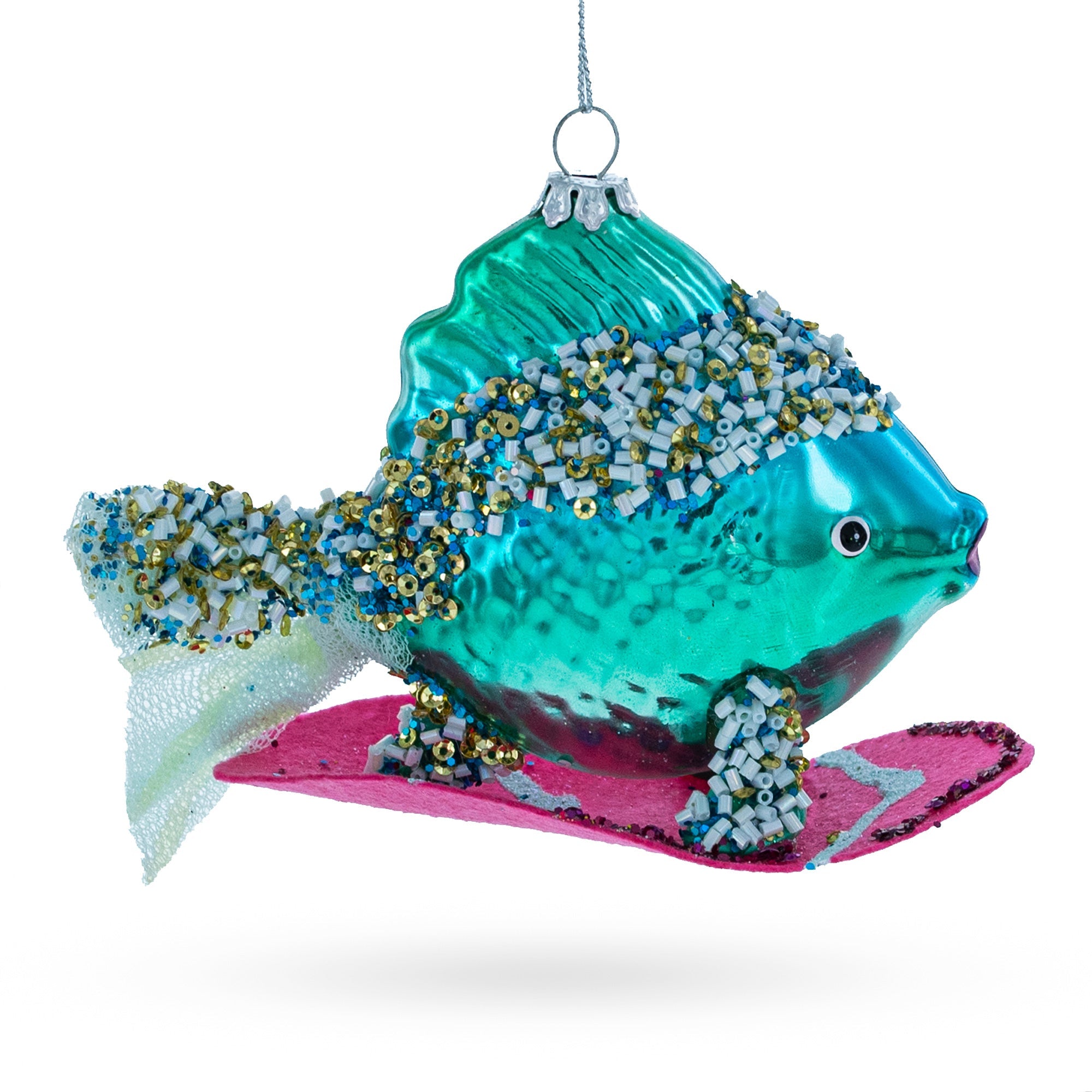 Cool Blue Fish Surfing Wave Glass Christmas Ornament