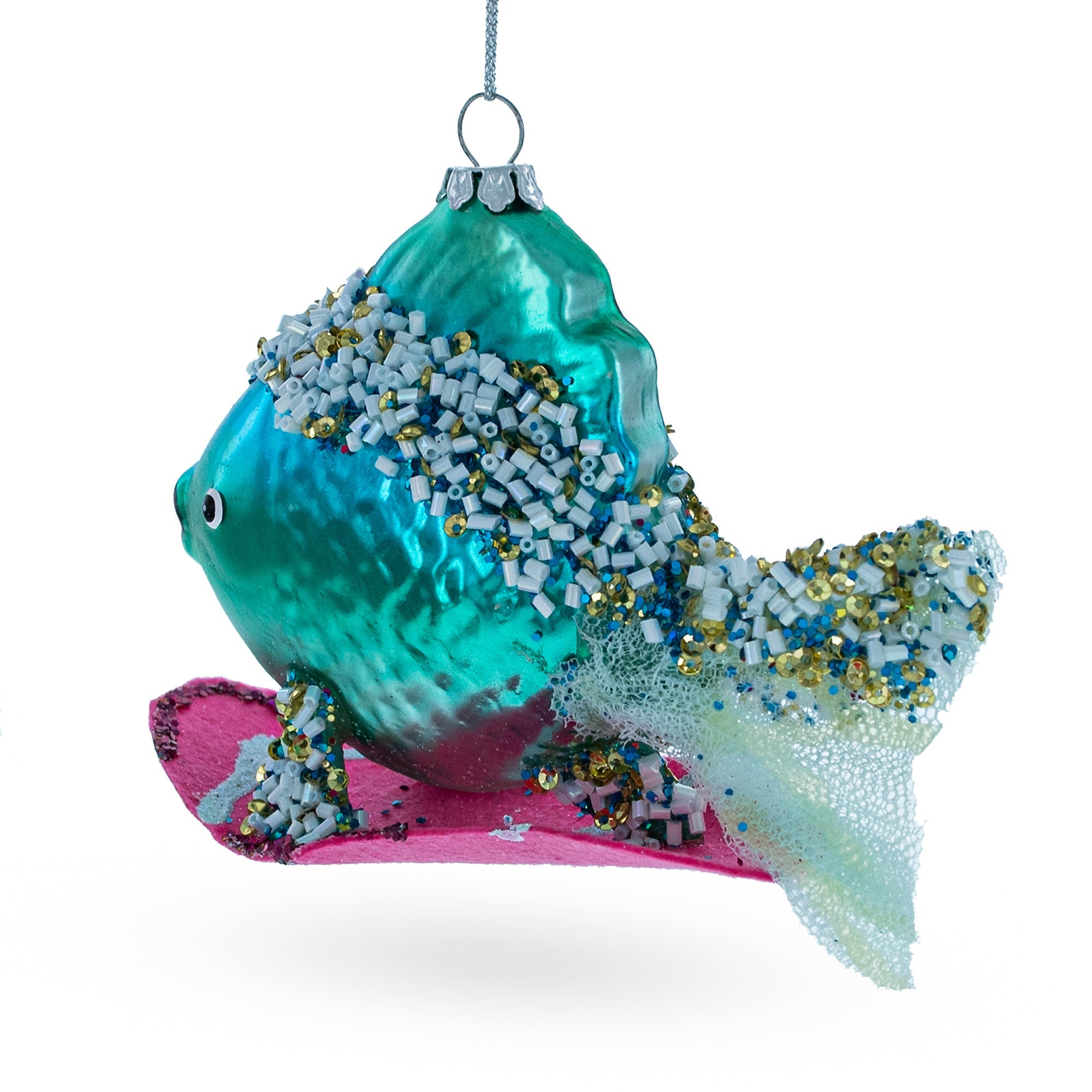Cool Blue Fish Surfing Wave Glass Christmas Ornament