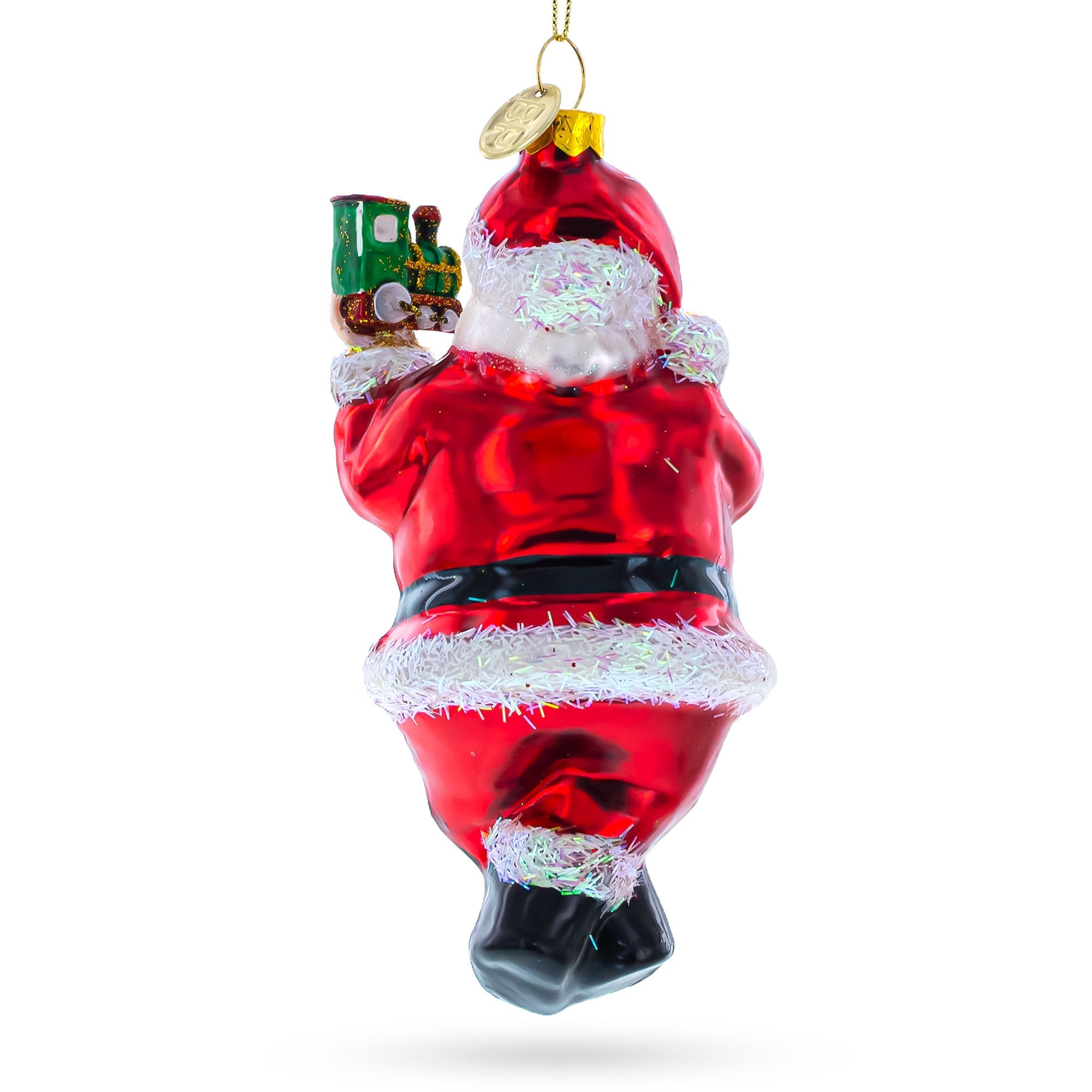 Santa Decorating the Train Glass Christmas Ornament