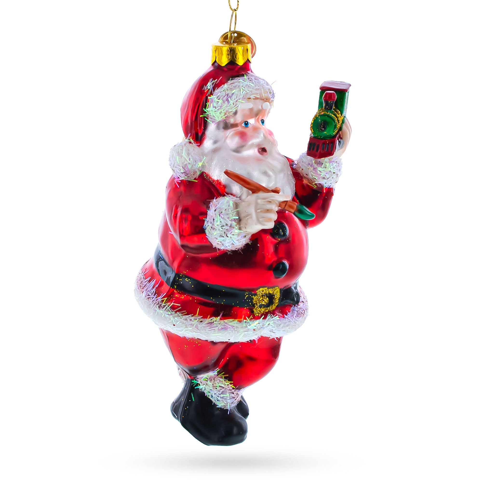 Santa Decorating the Train Glass Christmas Ornament
