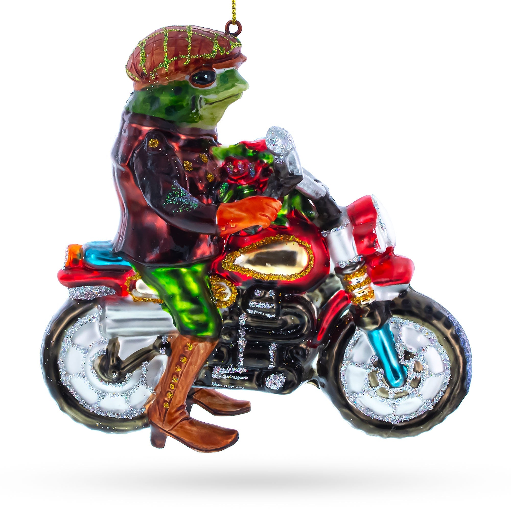 Frog Riding Motorcycle Glass Christmas Ornament