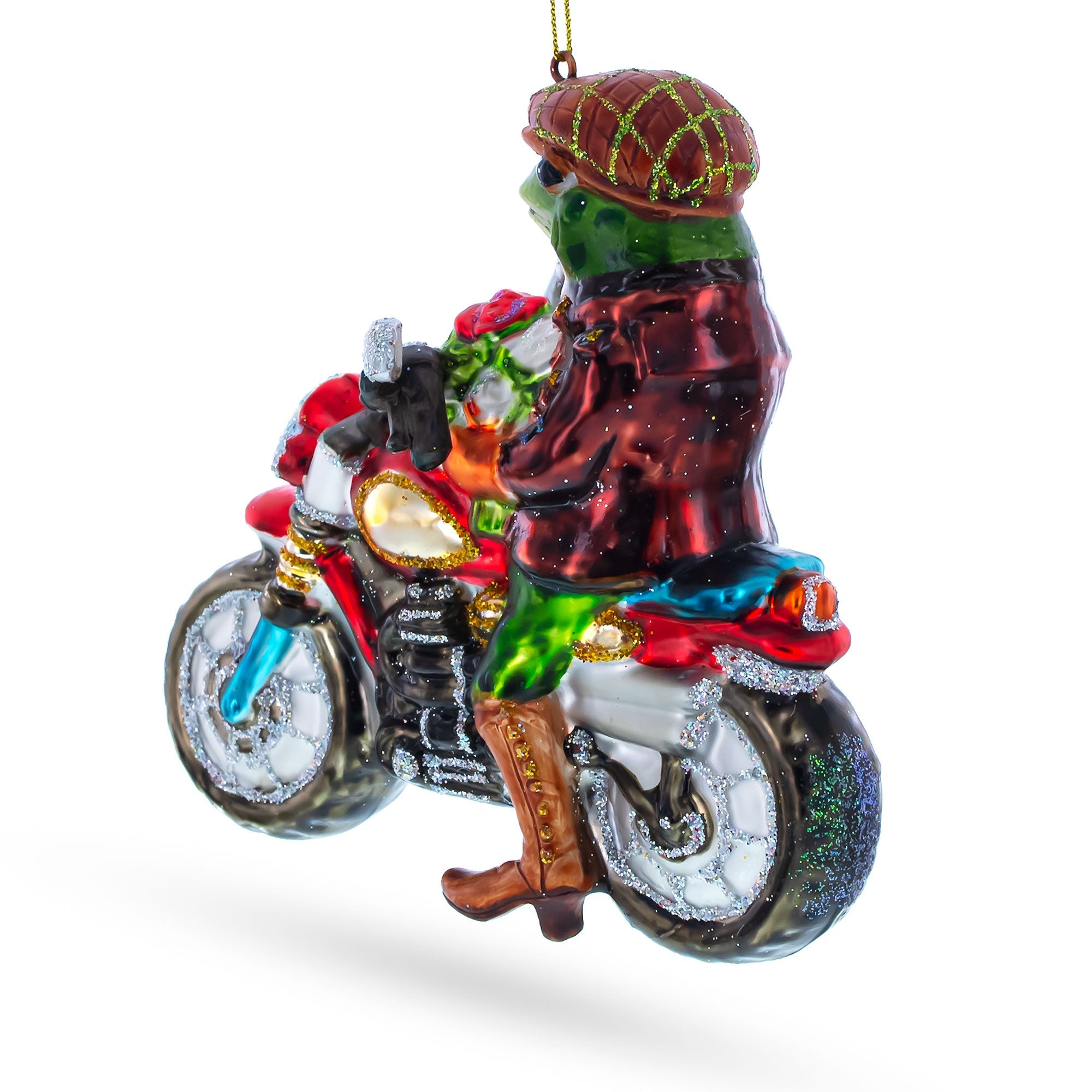 Frog Riding Motorcycle Glass Christmas Ornament