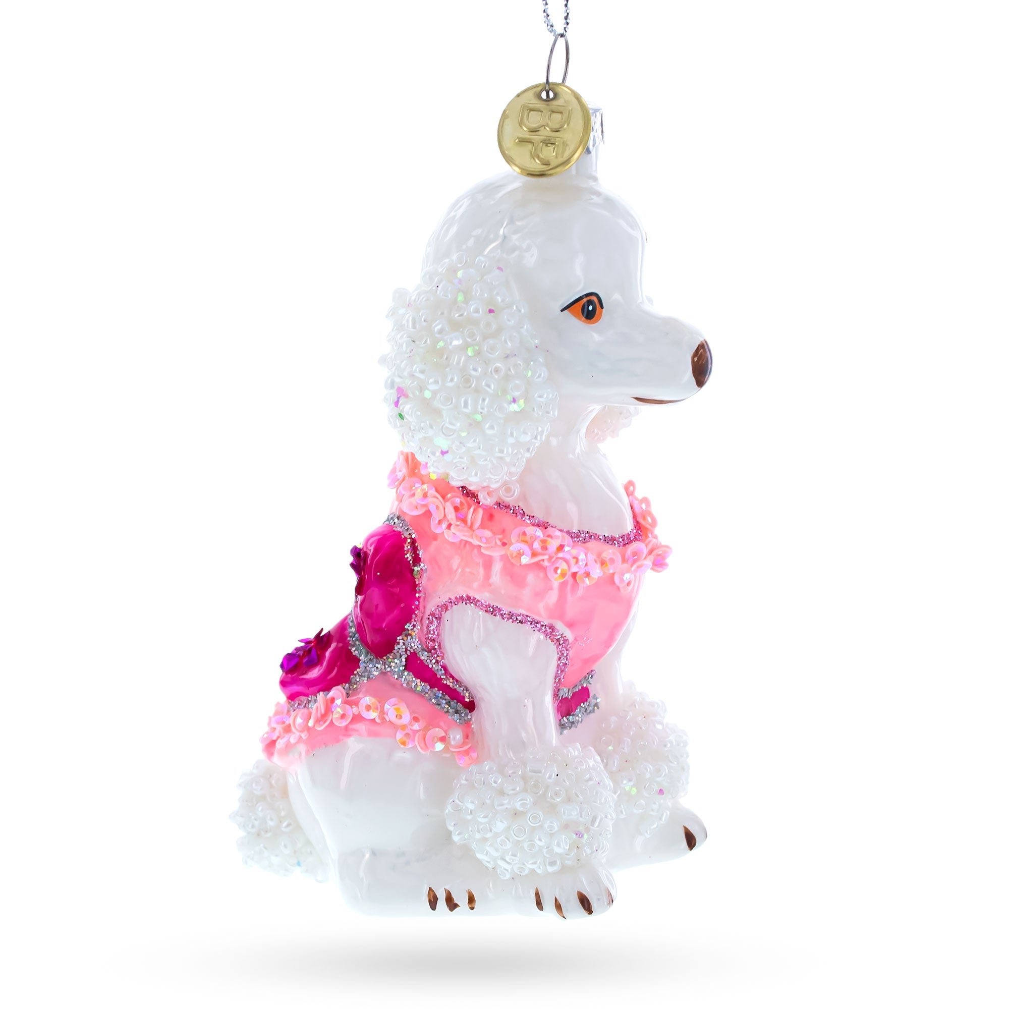 Poodle in Pink Costume Glass Christmas Ornament