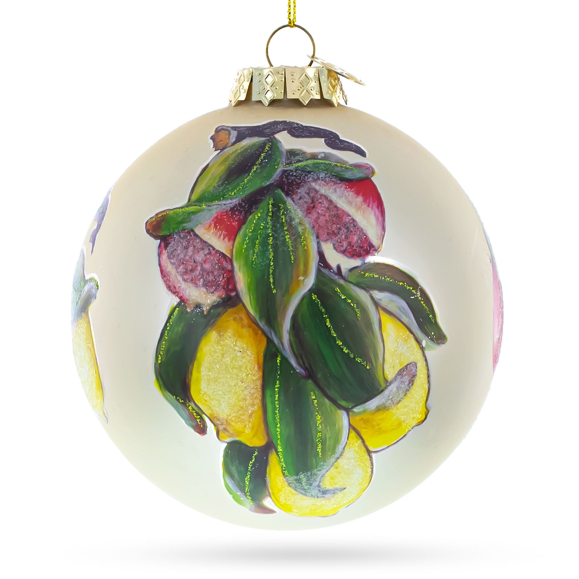 Lemons and Pomegranate on a Branch Glass Christmas Ornament