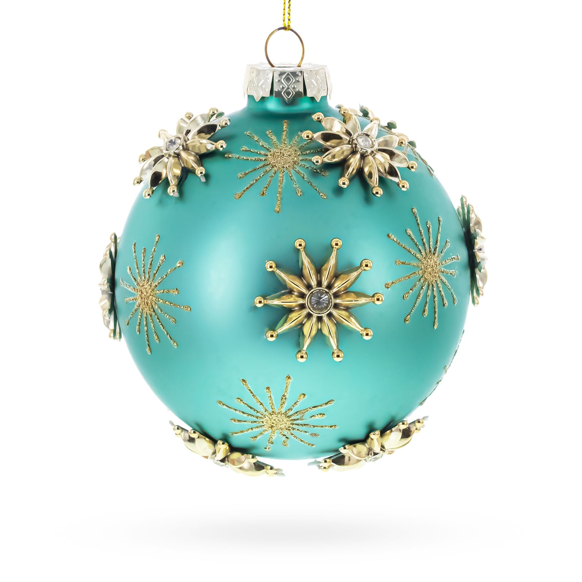 Turquoise Ball with Gold Starburst Flowers Glass Ball Christmas Ornament