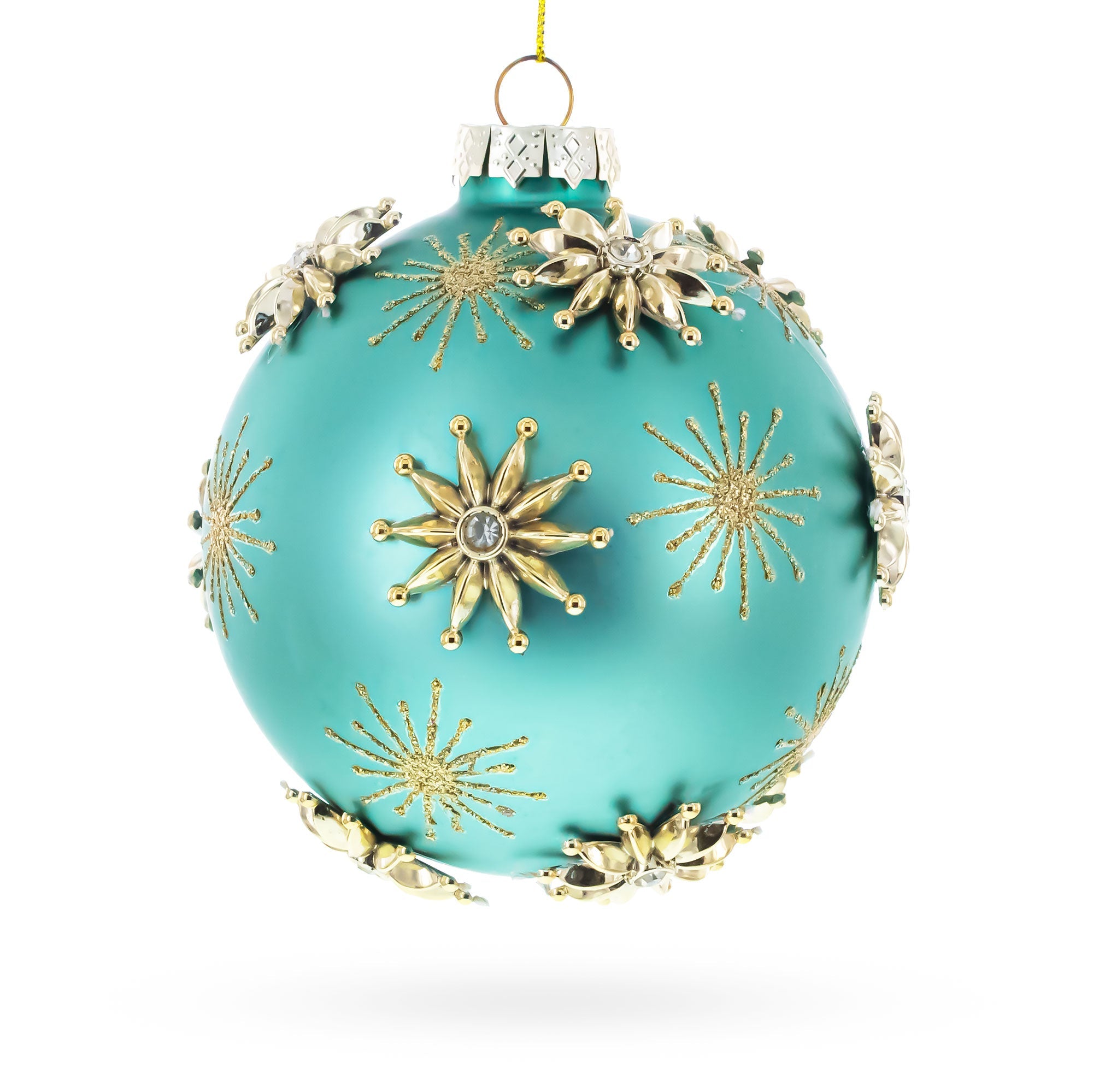 Turquoise Ball with Gold Starburst Flowers Glass Ball Christmas Ornament