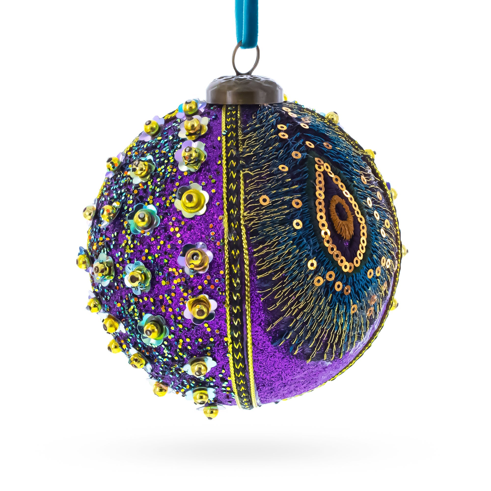 Beaded Purple Peacock Feather Glass Ball Christmas Ornament