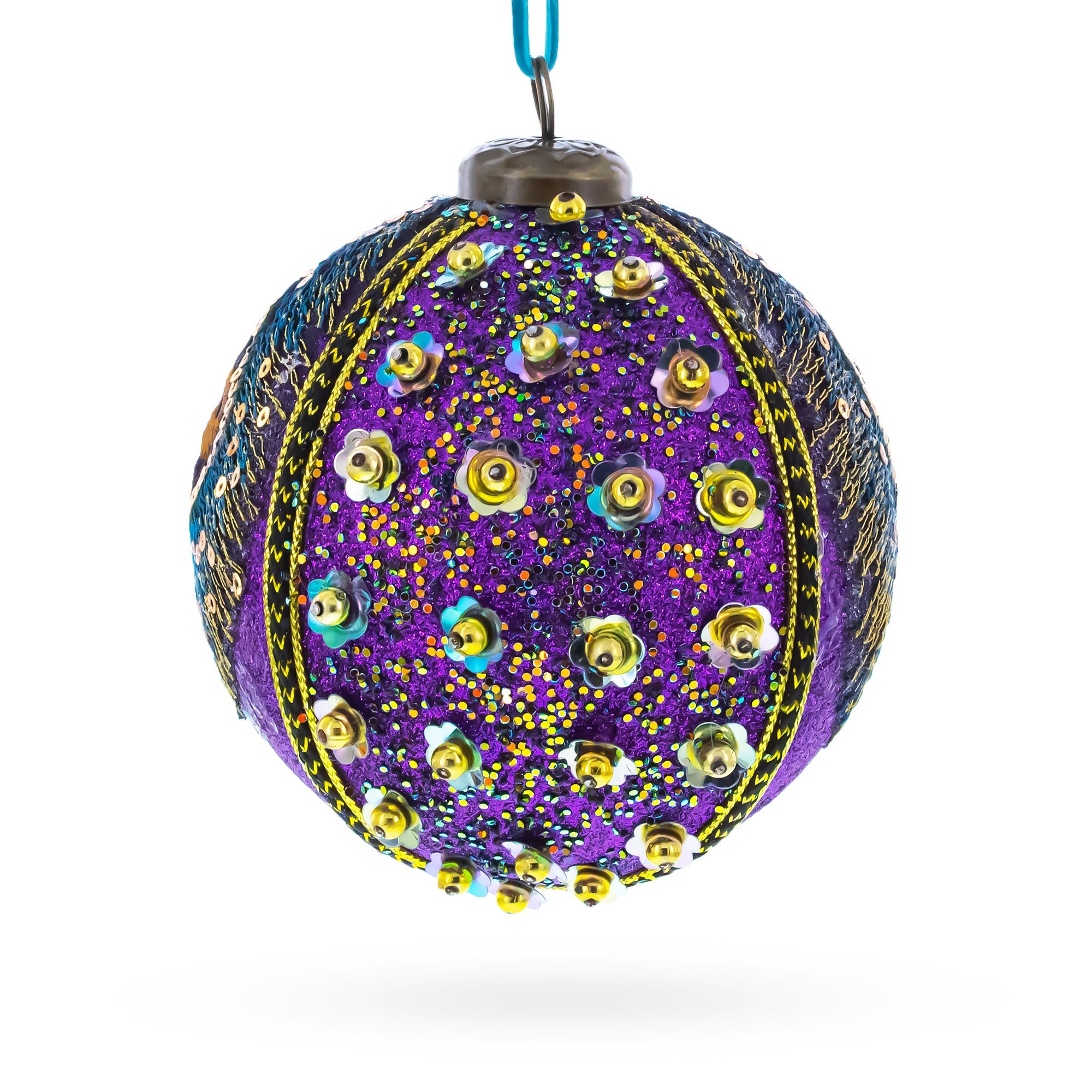 Beaded Purple Peacock Feather Glass Ball Christmas Ornament