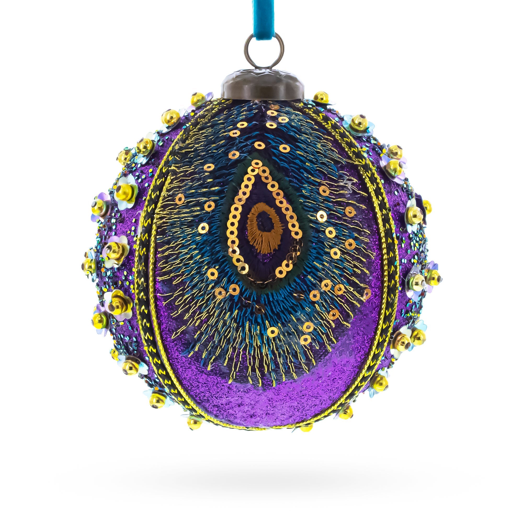 Beaded Purple Peacock Feather Glass Ball Christmas Ornament