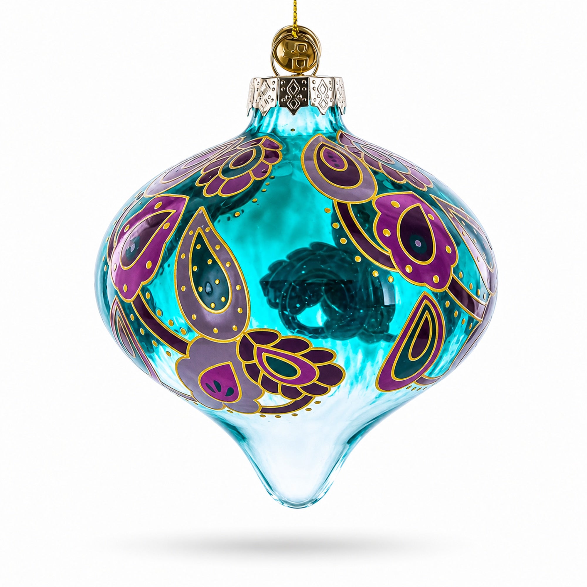 Teal Paisley Onion Shape Finial Glass Christmas Ornament