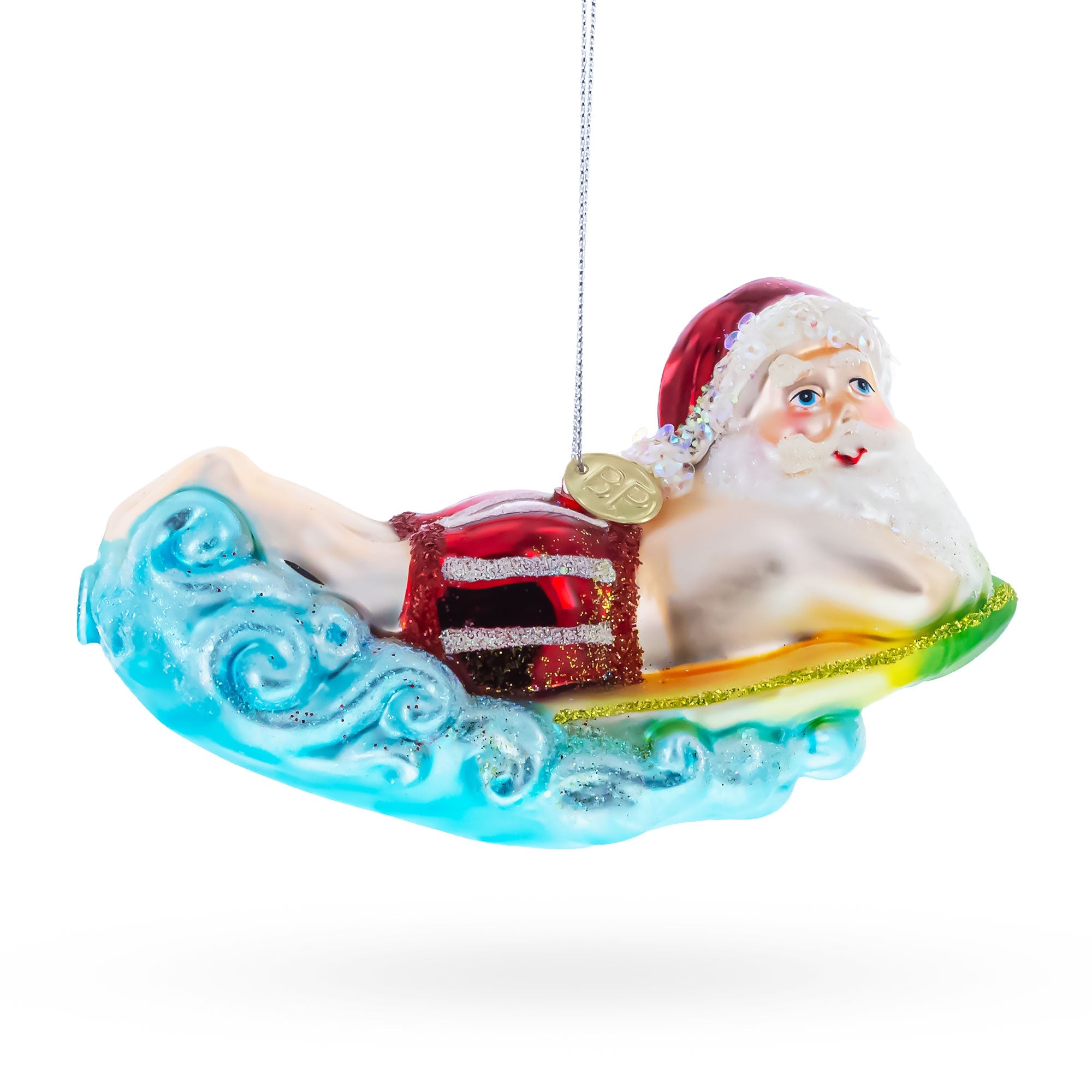 Surfing Santa Glass Christmas Ornament