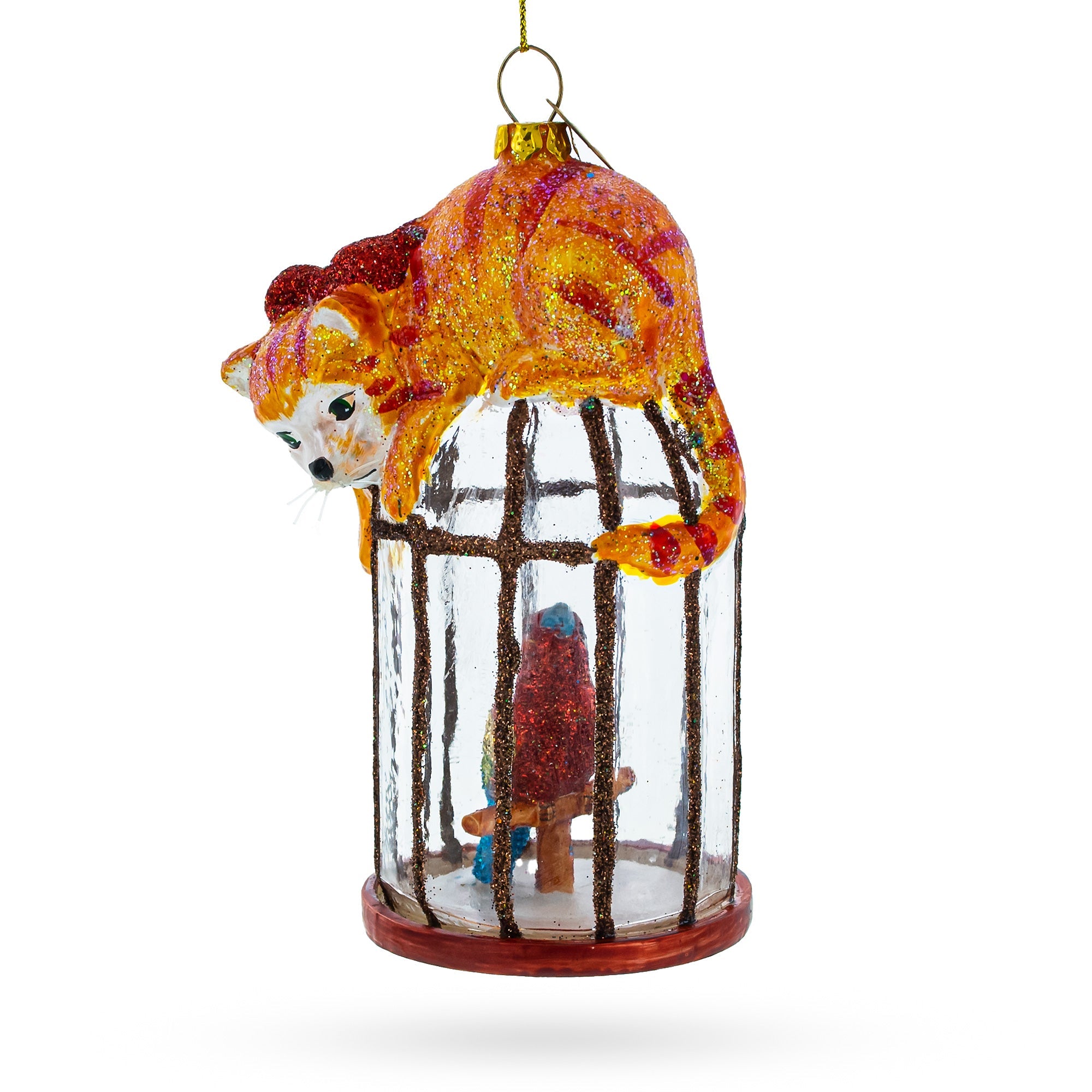 Cat on Birdcage with Parrot Glass Christmas Ornament