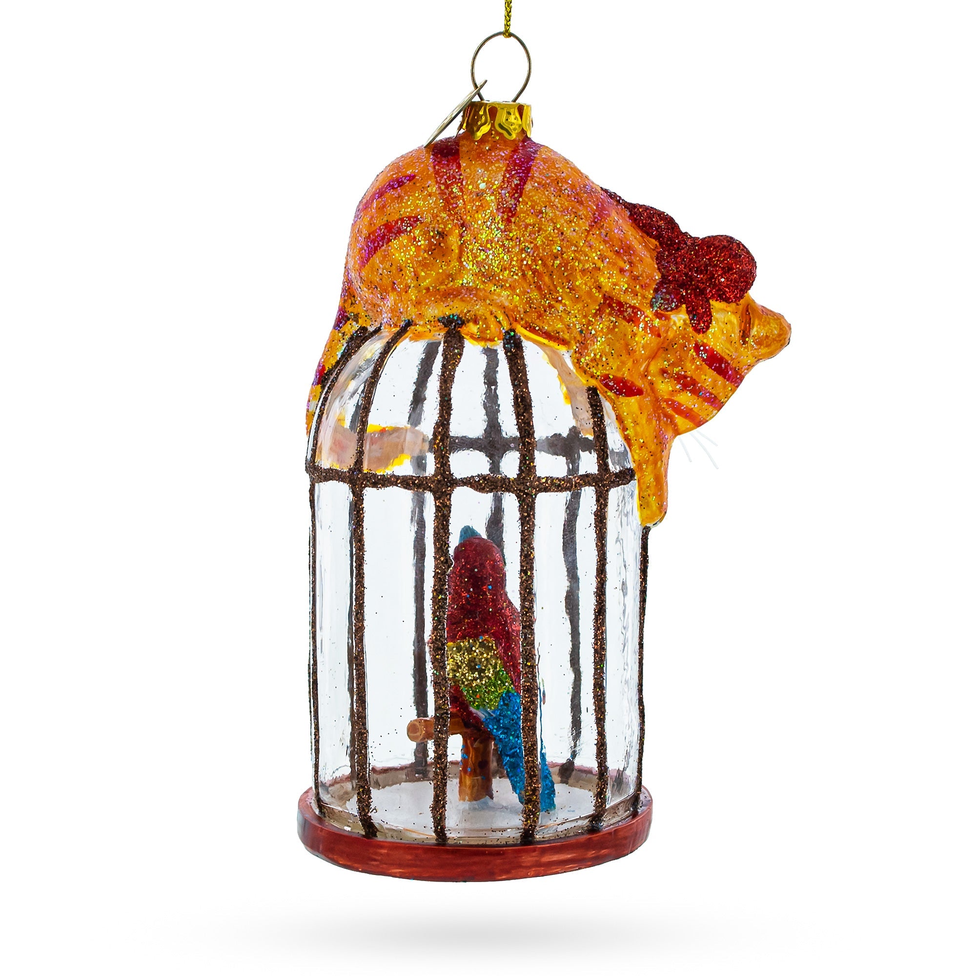 Cat on Birdcage with Parrot Glass Christmas Ornament