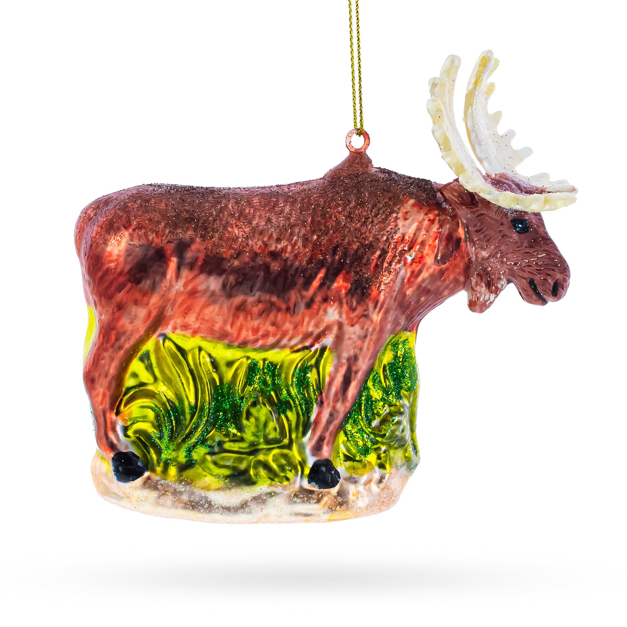 Moose on Green Woodland Glass Christmas Ornament