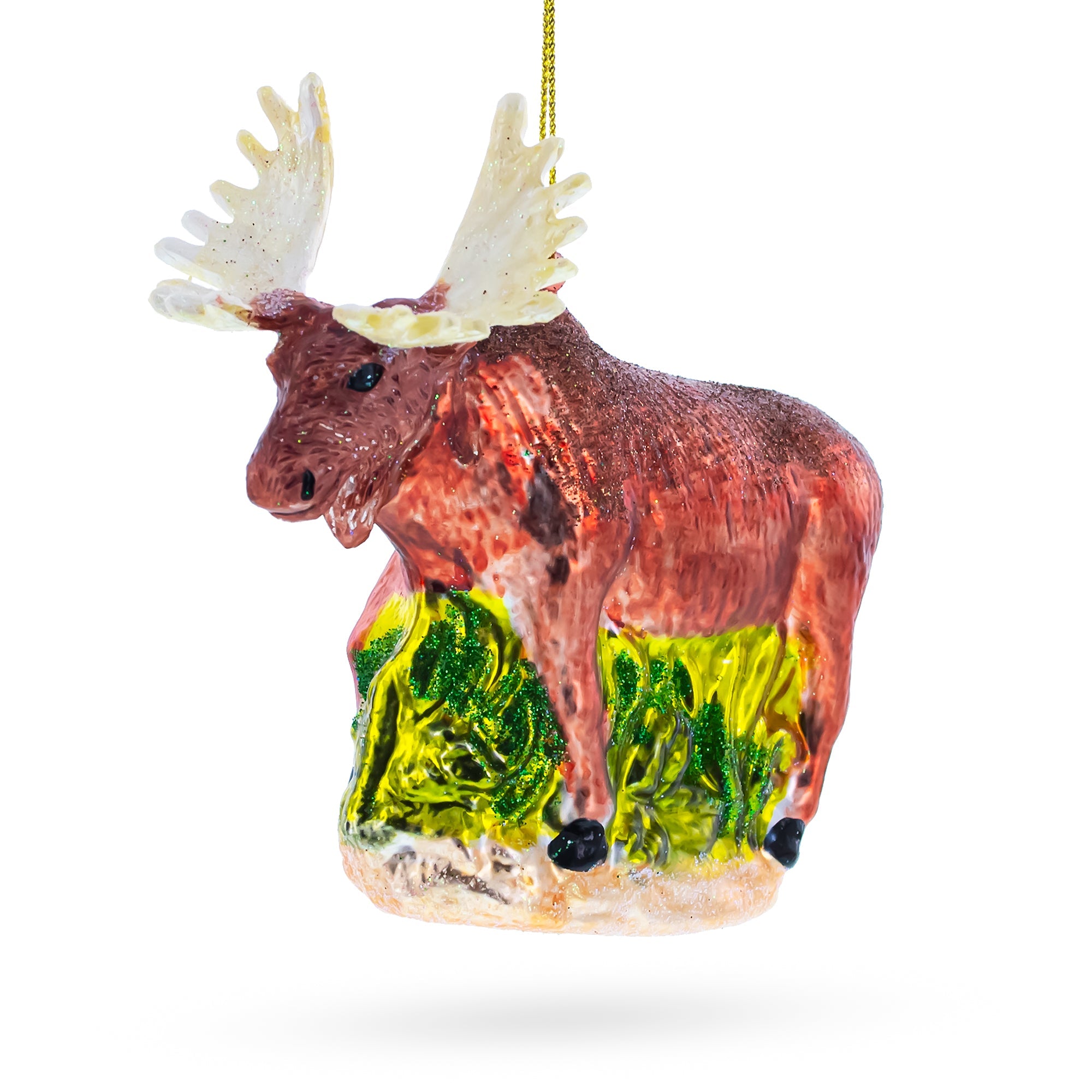 Moose on Green Woodland Glass Christmas Ornament