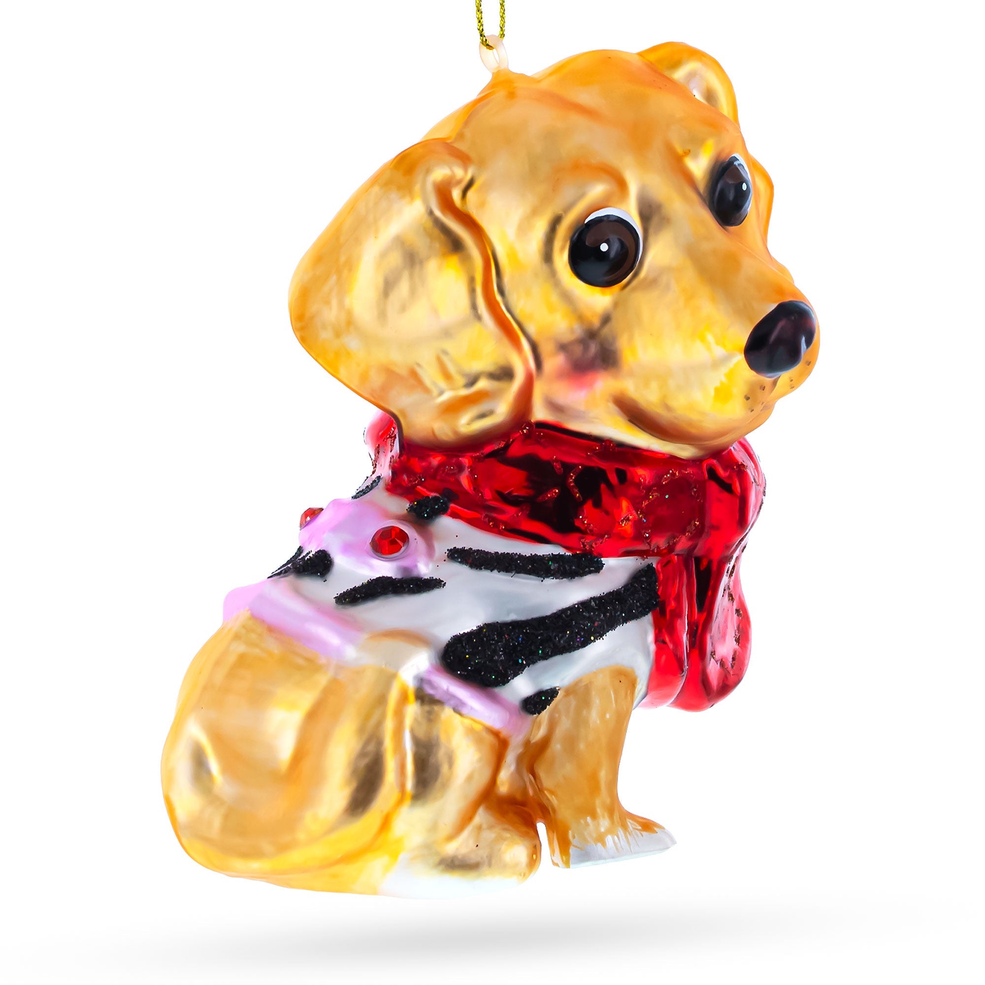 Golden Retriever Puppy in Red Scarf Glass Christmas Ornament