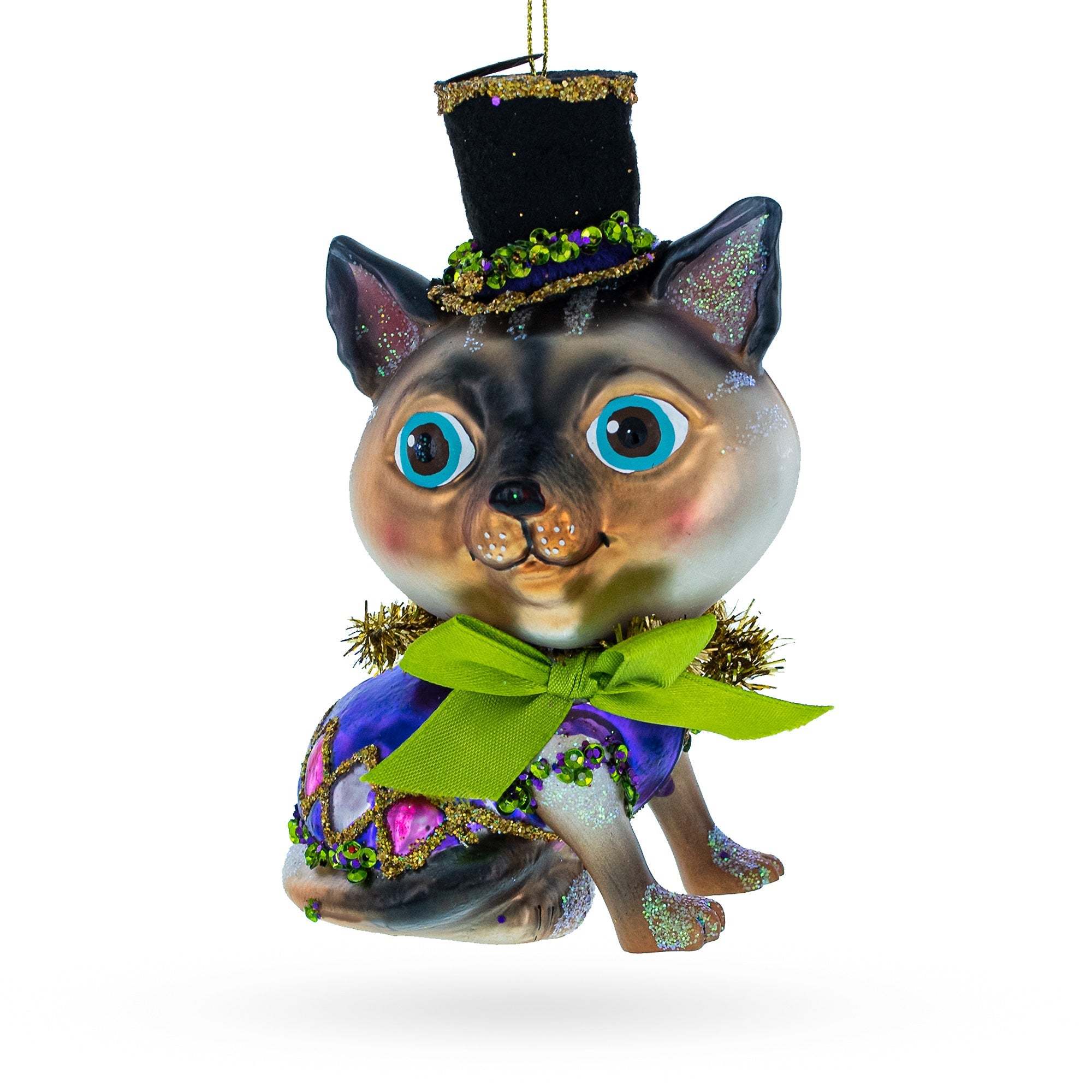 Cat in Top Hat with Bow Tie Glass Christmas Ornament