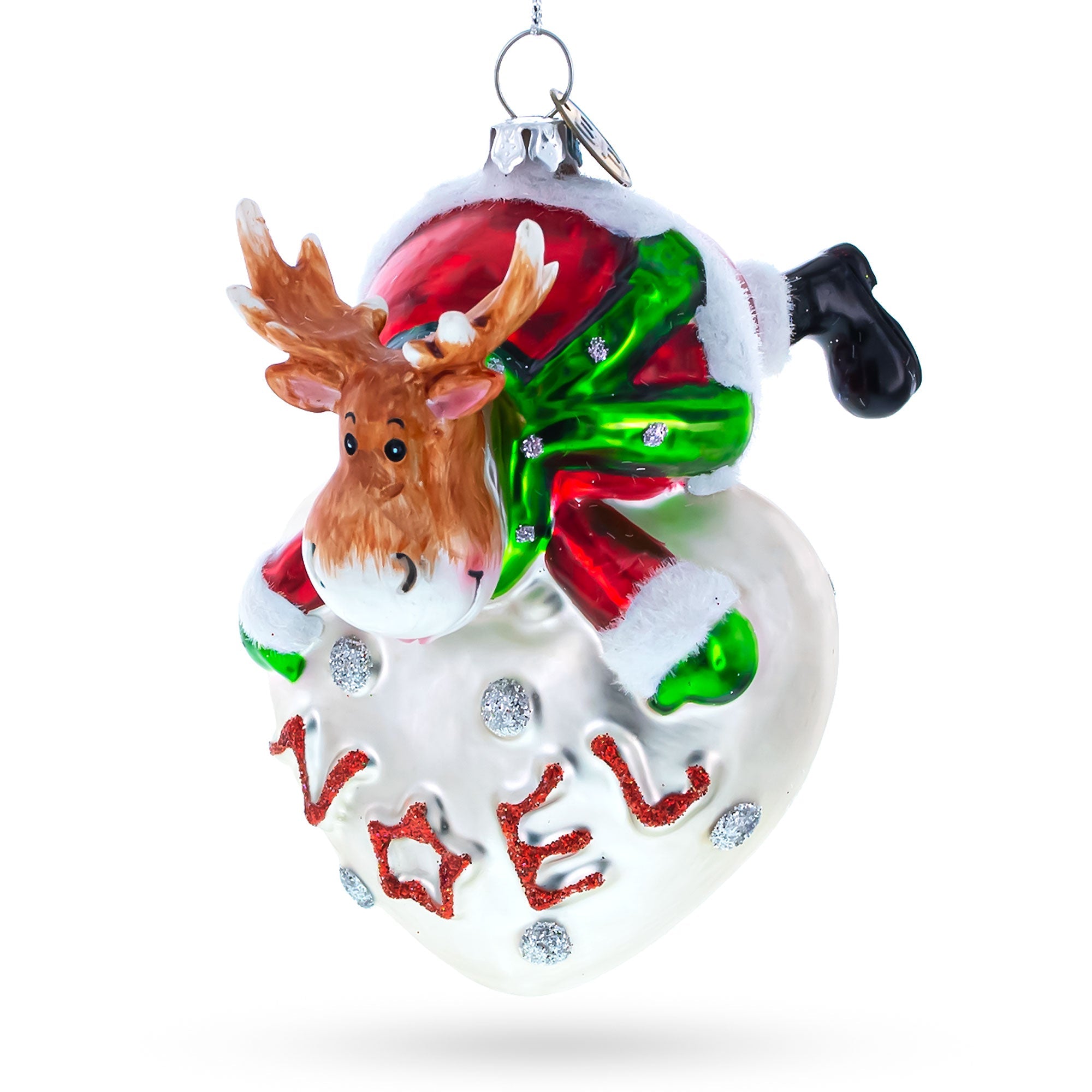Noel Reindeer Heart Glass Christmas Ornament