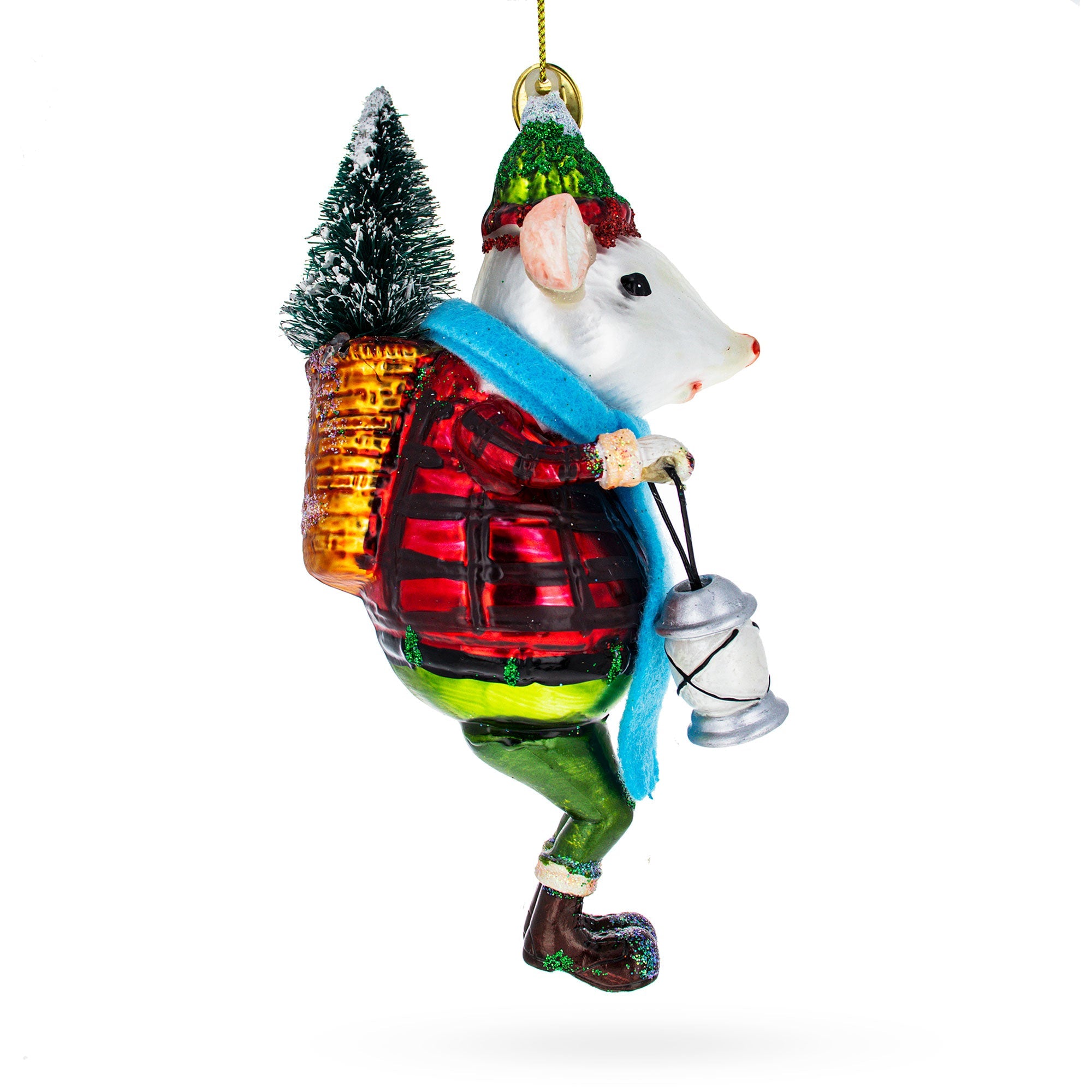 Mouse Carrying Lantern Glass Christmas Ornament