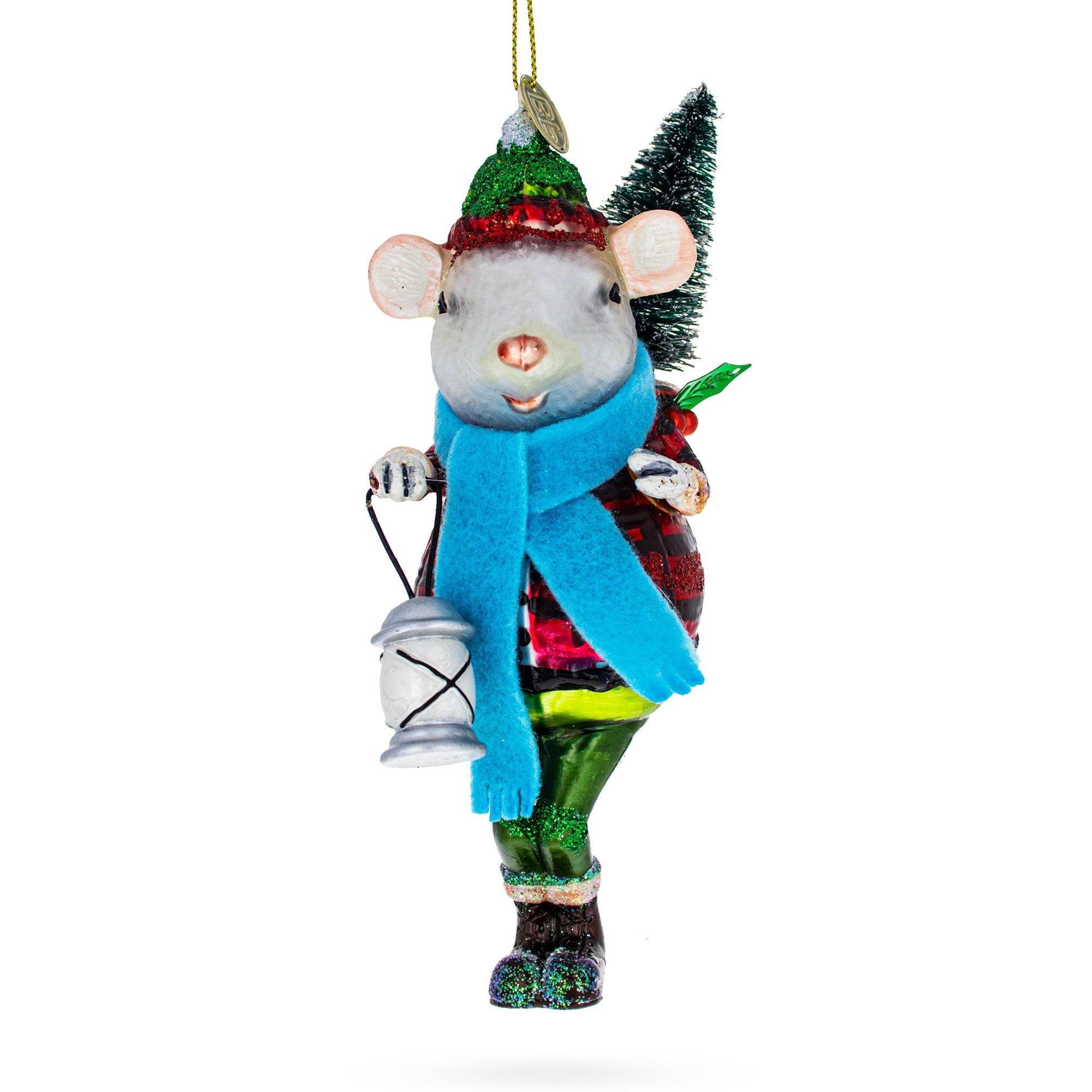 Mouse Carrying Lantern Glass Christmas Ornament