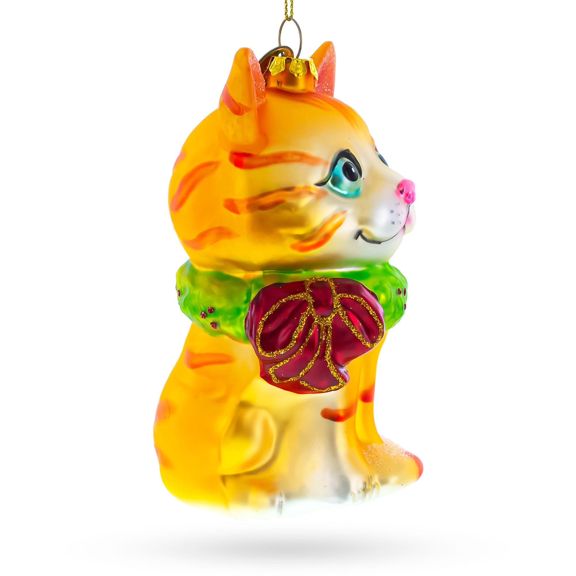 Orange Tabby Cat with Scarf Glass Christmas Ornament