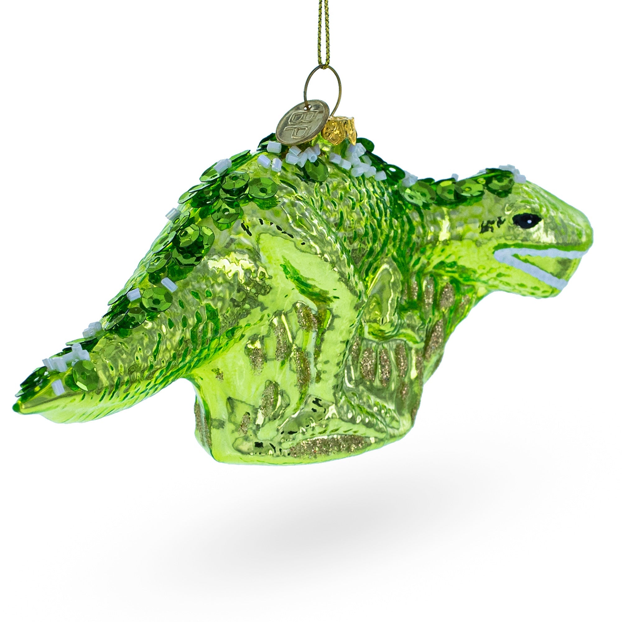 Green Dinosaur with Beads Glass Christmas Ornament