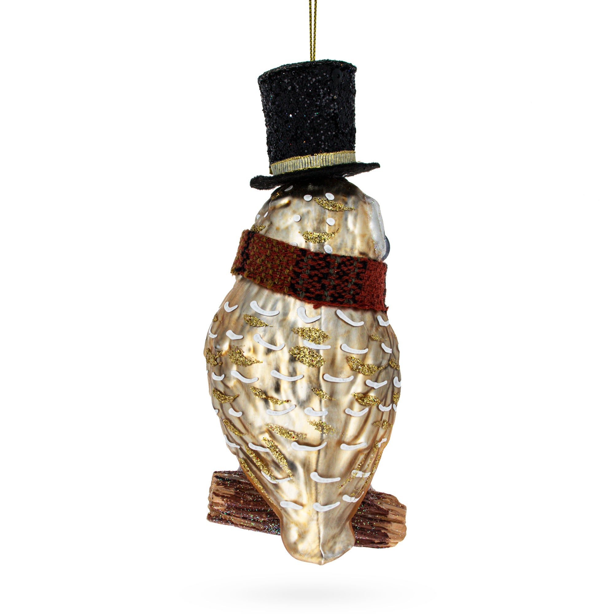Owl in Black Hat and Scarf Glass Christmas Ornament