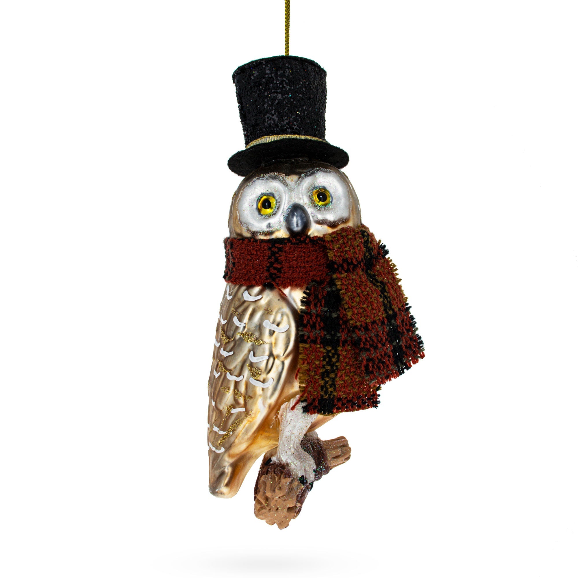 Owl in Black Hat and Scarf Glass Christmas Ornament