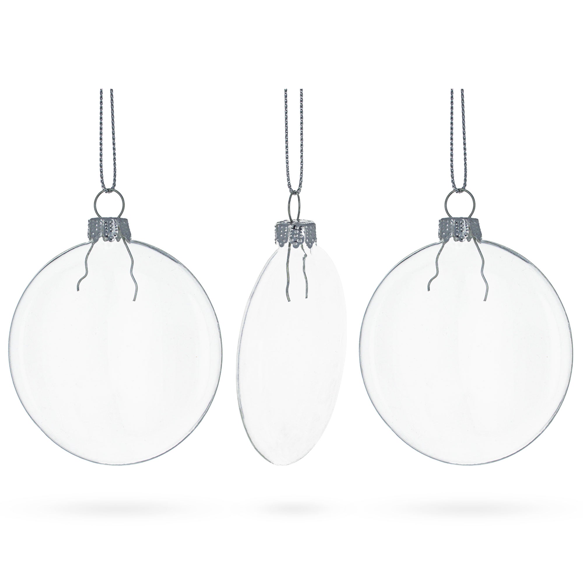 Set of 3 Flat Disc Clear Glass Christmas Ornaments 3.7 Inches