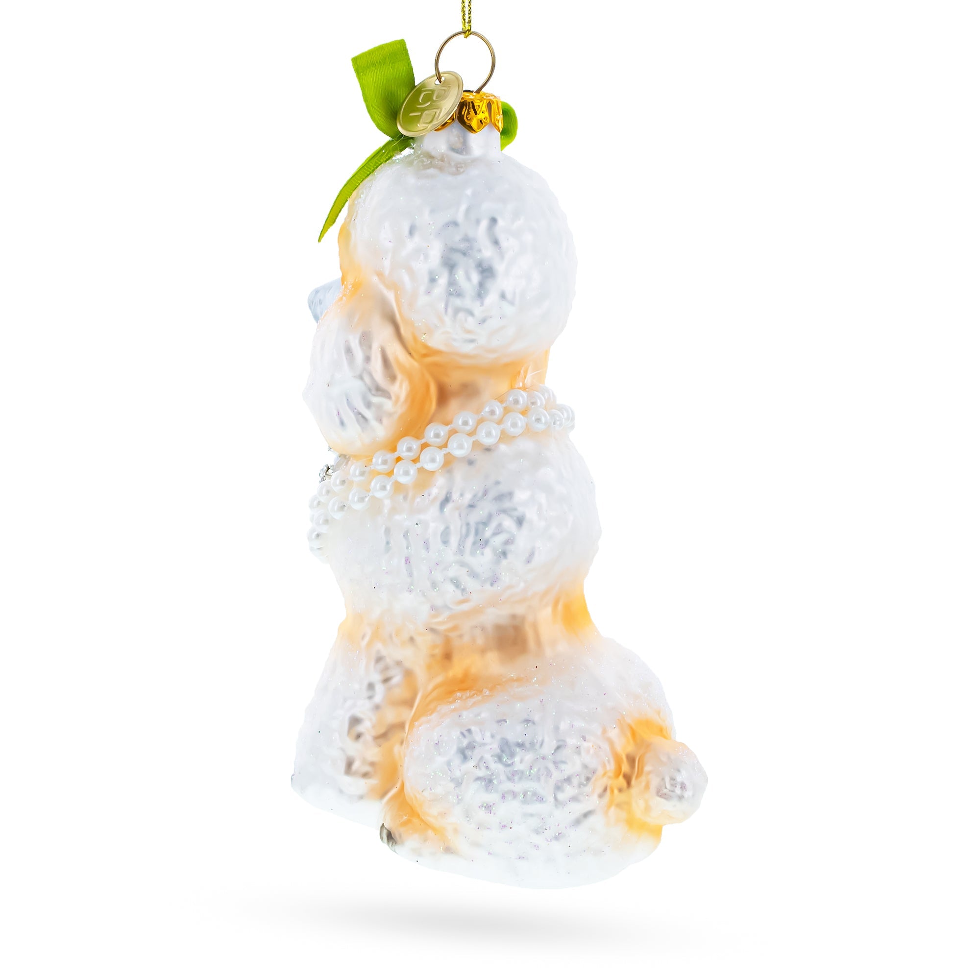 Poodle with Green Bow Glass Christmas Ornament