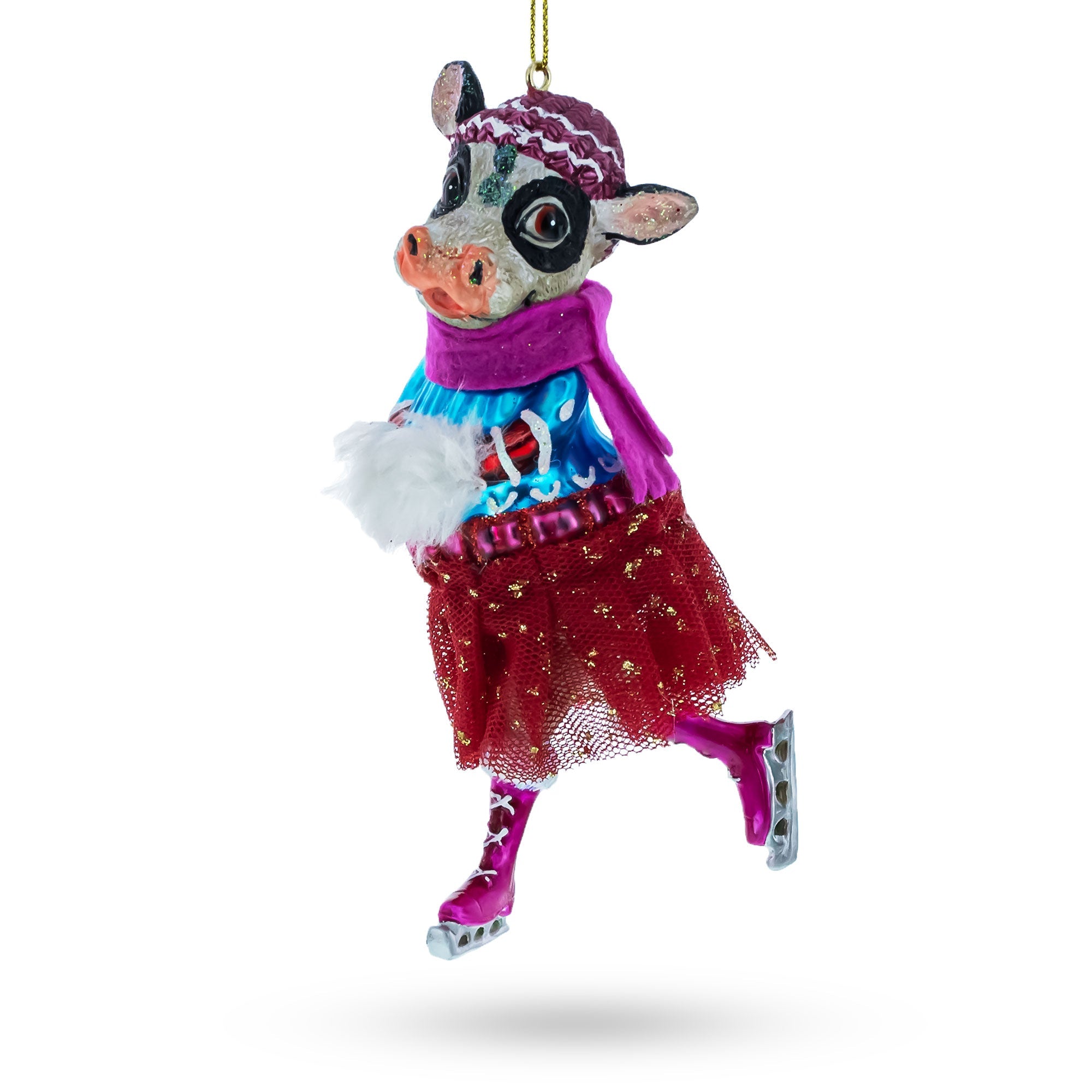 Cow Ice Skating in Winter Wonderland Glass Christmas Ornament