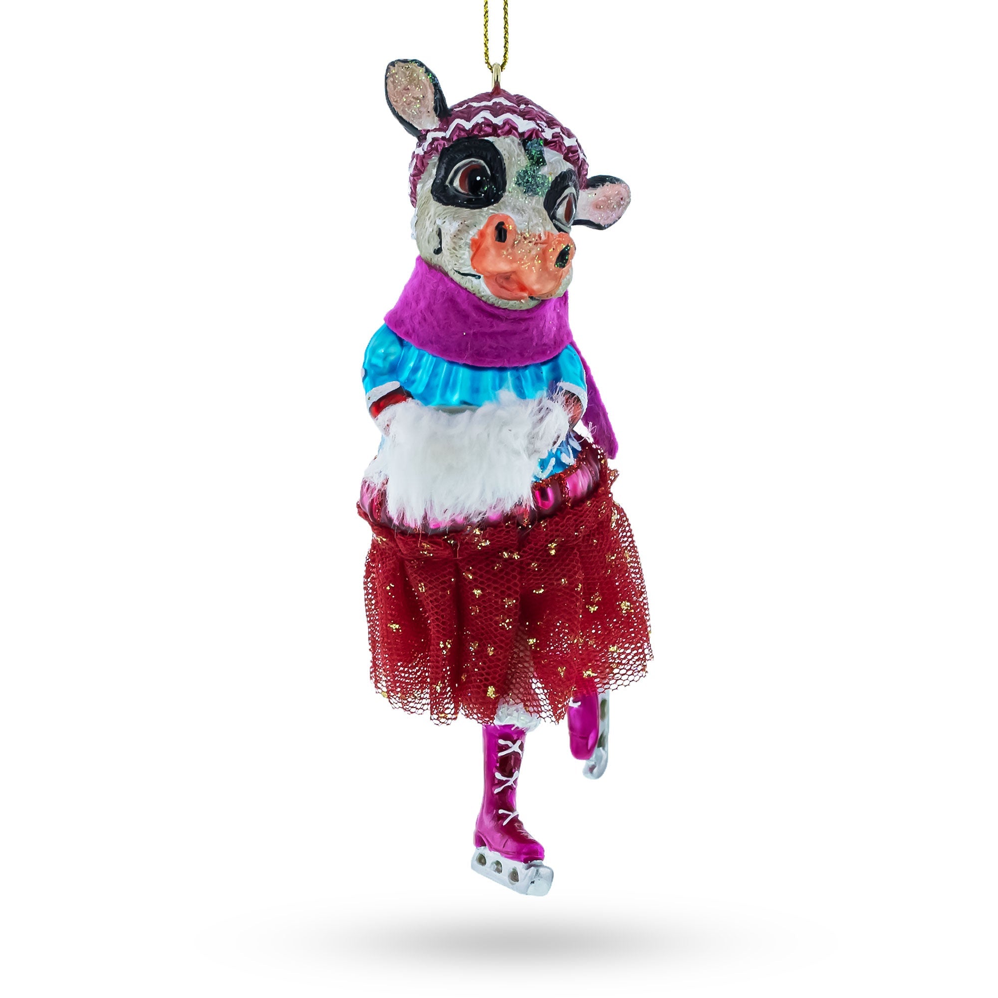 Cow Ice Skating in Winter Wonderland Glass Christmas Ornament