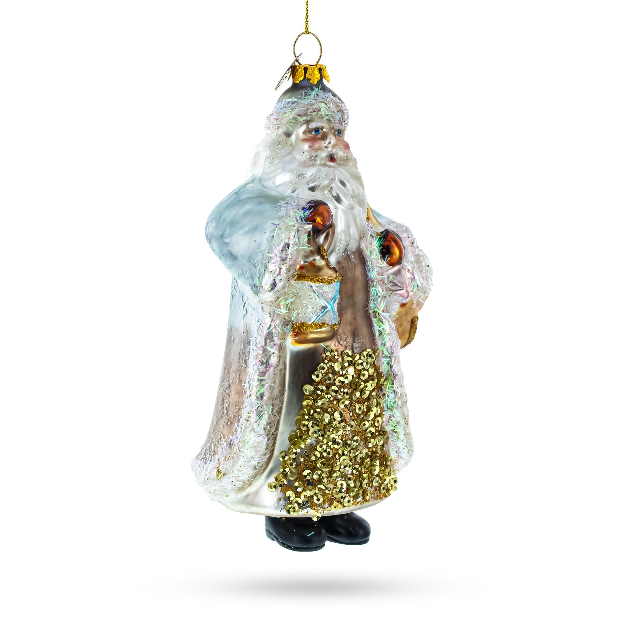 Glittered Santa Holding a Magical Lantern Glass Christmas Ornament
